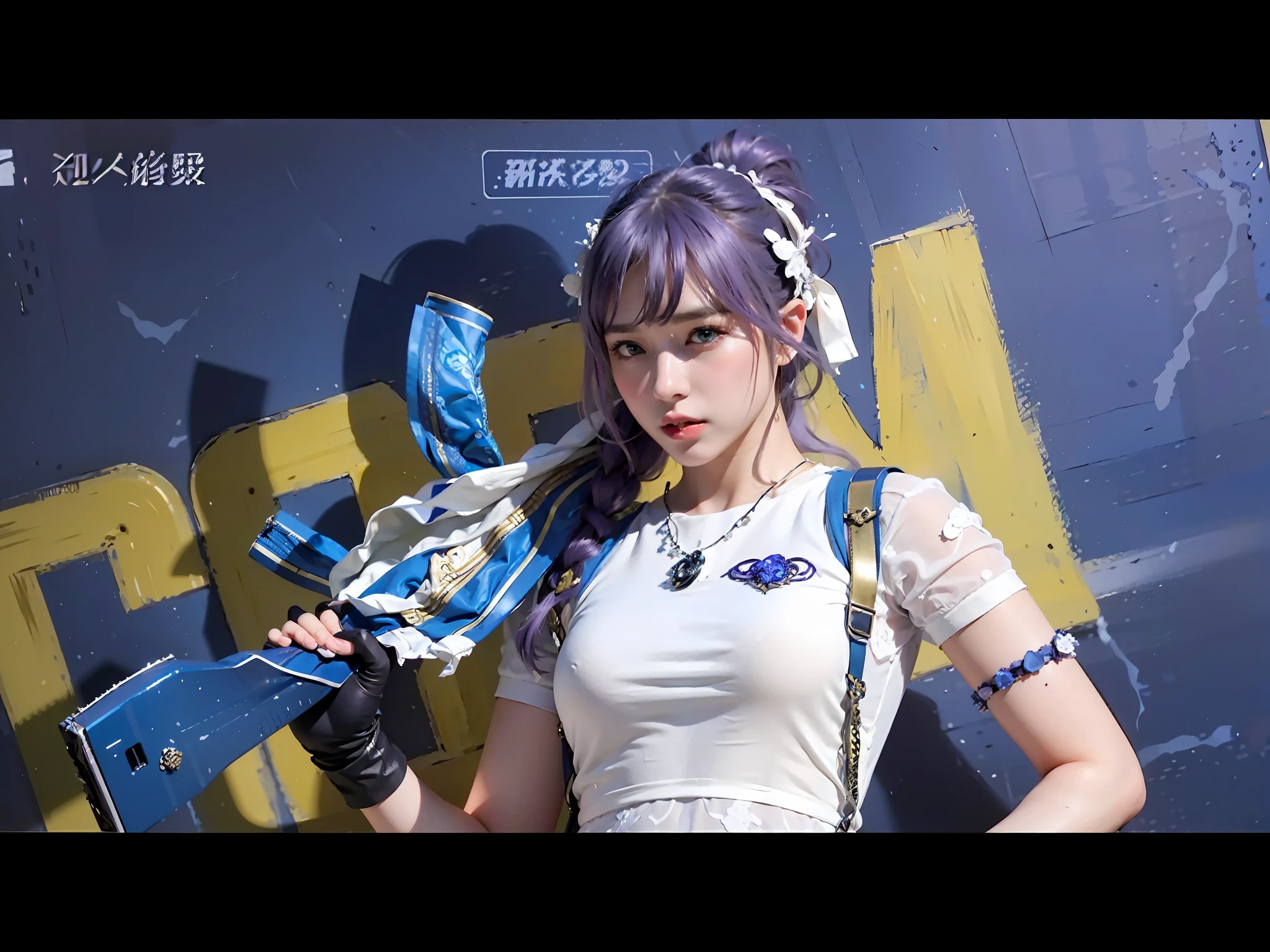 best quality,masterpiece,extremely detailed,high res,4k,ultra high res,detailed shadow,ultra realistic,realistic,dramatic lighting,1girl,solo,detailed face,realistic eyes,realistic skin,white dress,purple hair,dynamic pose, white lace dress