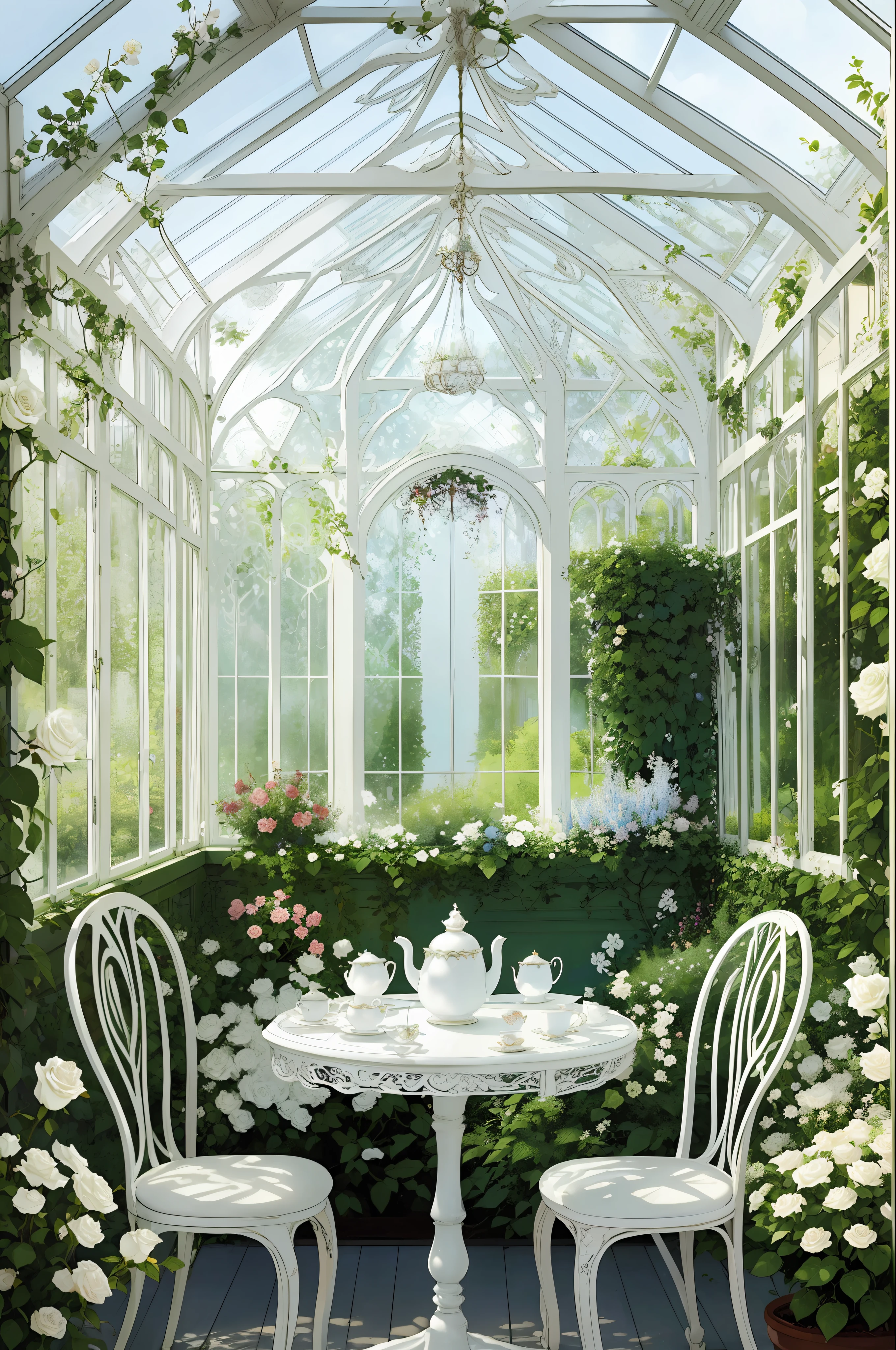 secret garden, lush, floral, white rose, botanical, romanticism, moody, tea, tea time, glass chairs, large conservatory, spacious