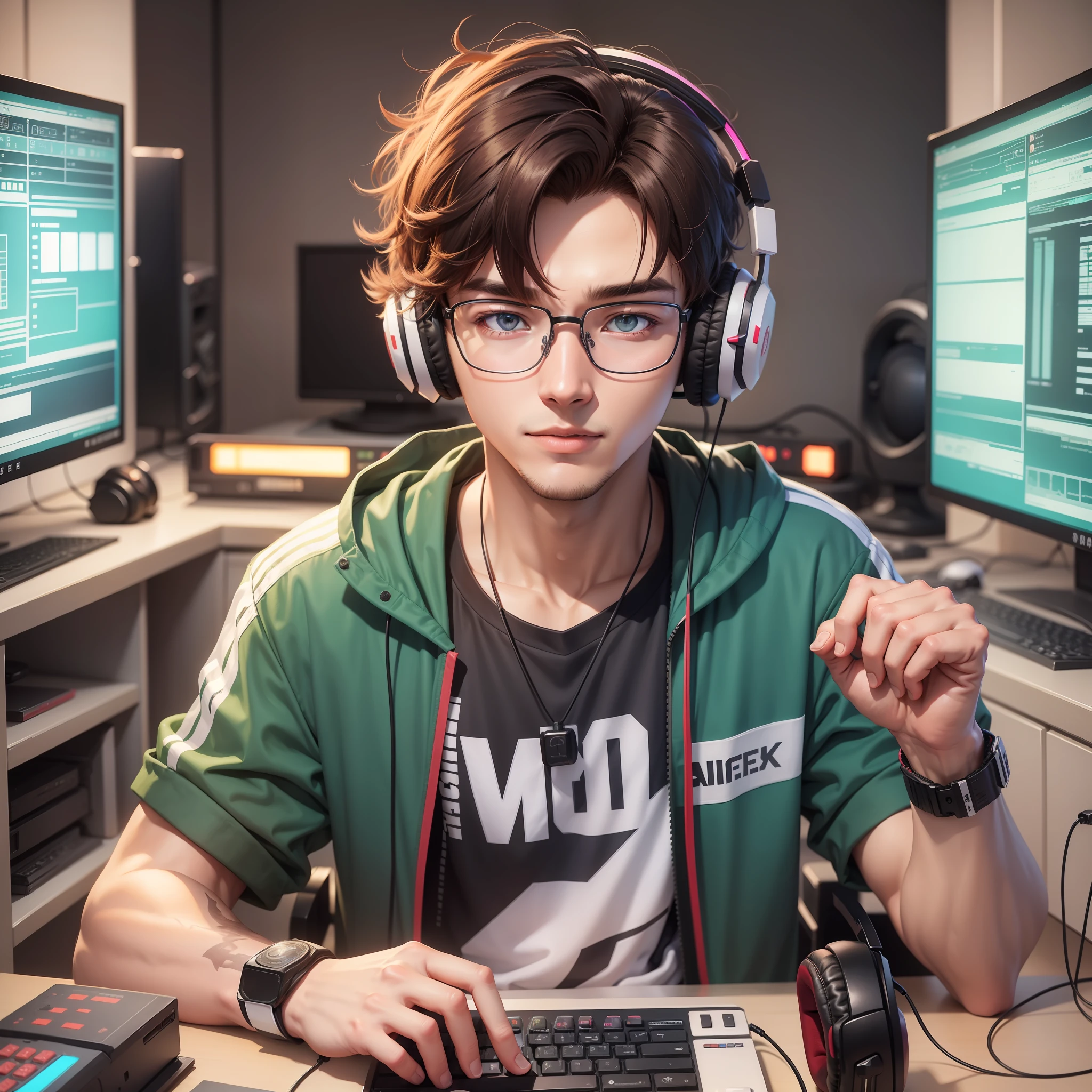 a man, 20 years old, gamer, streamer, he is wearing a headset, POV, 1990 anime style, prescription glasses, high quality, vibrant colors,