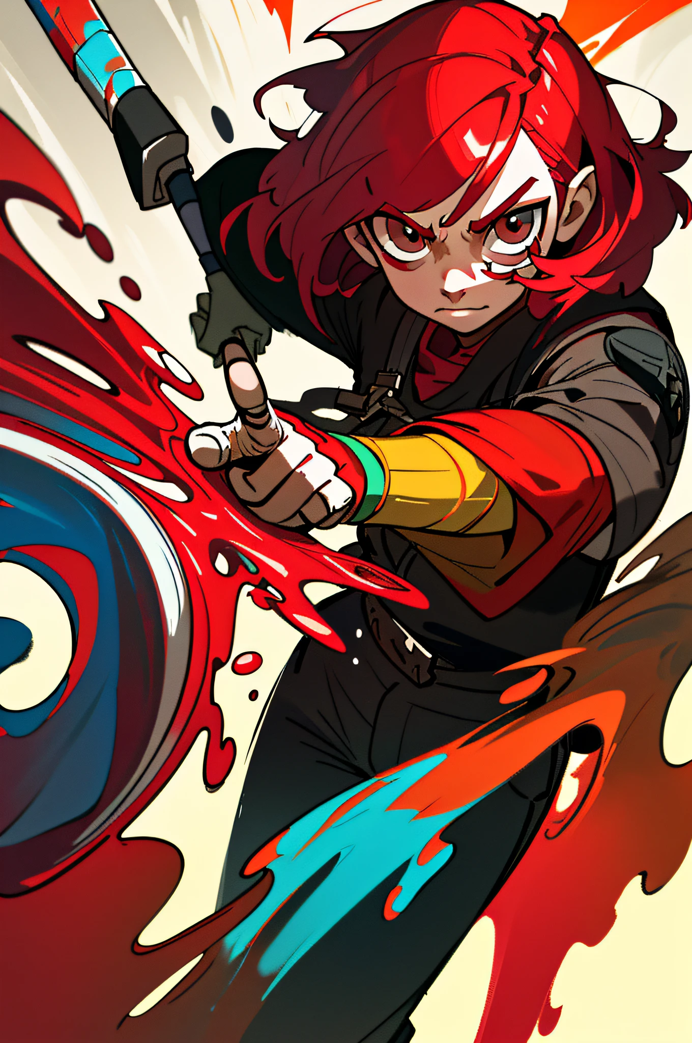 0 damage assassine, pointing the brush at viewer, ,a killer who likes to paint, dirty laundry of colored paint, holding a wet brush of paint, colored hair, fantasy, marvel, absolutely stunning art, art of the highest quality, highest resolution, hyper detailed, black and red