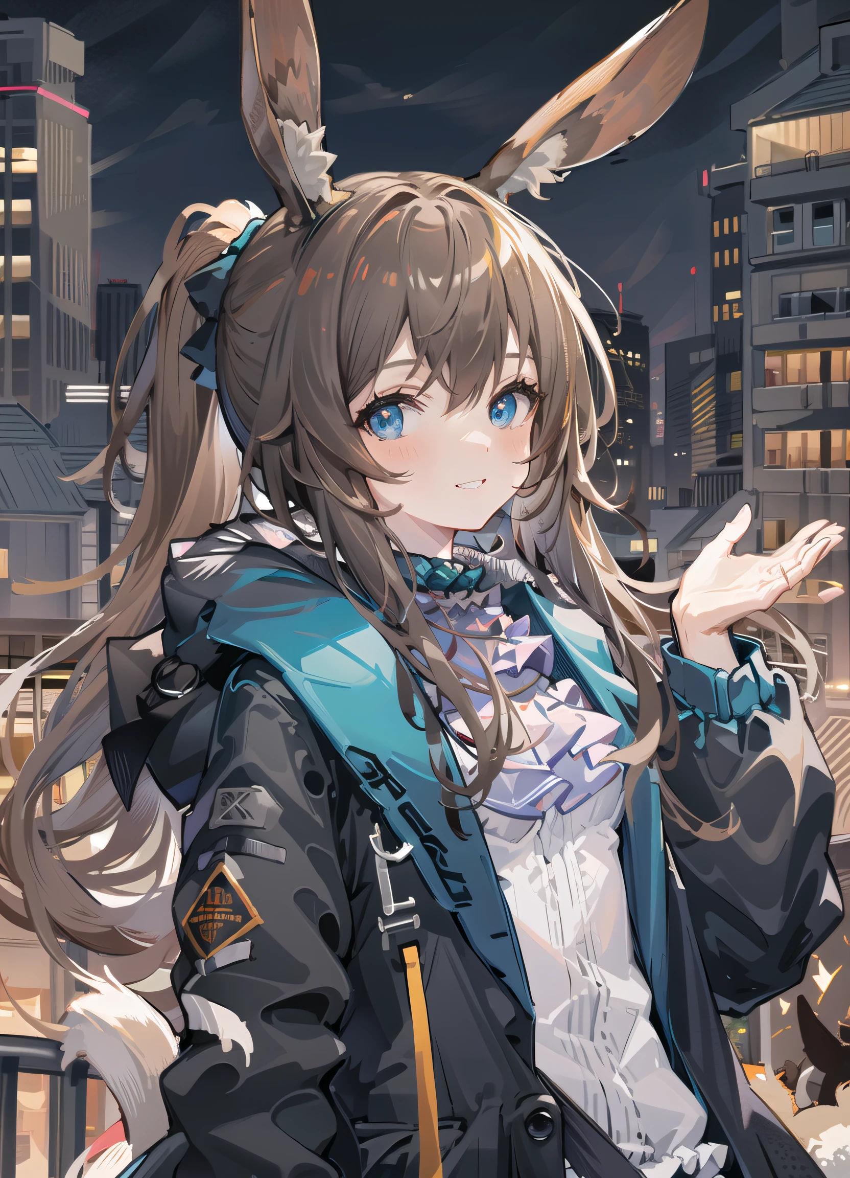 1girl, (animal ears), straight-on, upper body, brown hair, (rabbit ears:0.8), detailed eyes, blue eyes, ponytail , open coat, blue coat, bangs, looking at viewer, blush, standing, (blue ascot), coat, light smile, (default outfit), solo, building, city, cityscape, night, outdoors, skyscraper, street, hongkong \(city\), tree