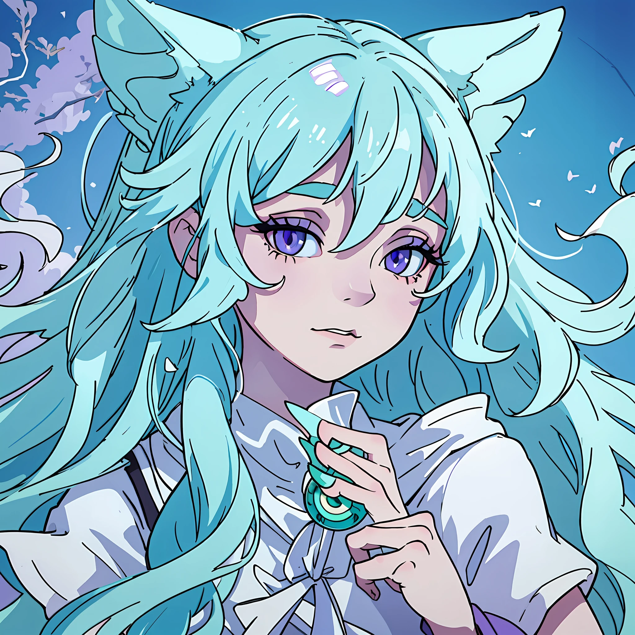 Long wavy light blue hair, very pale greenish skin color, lilac eyes, fish ear