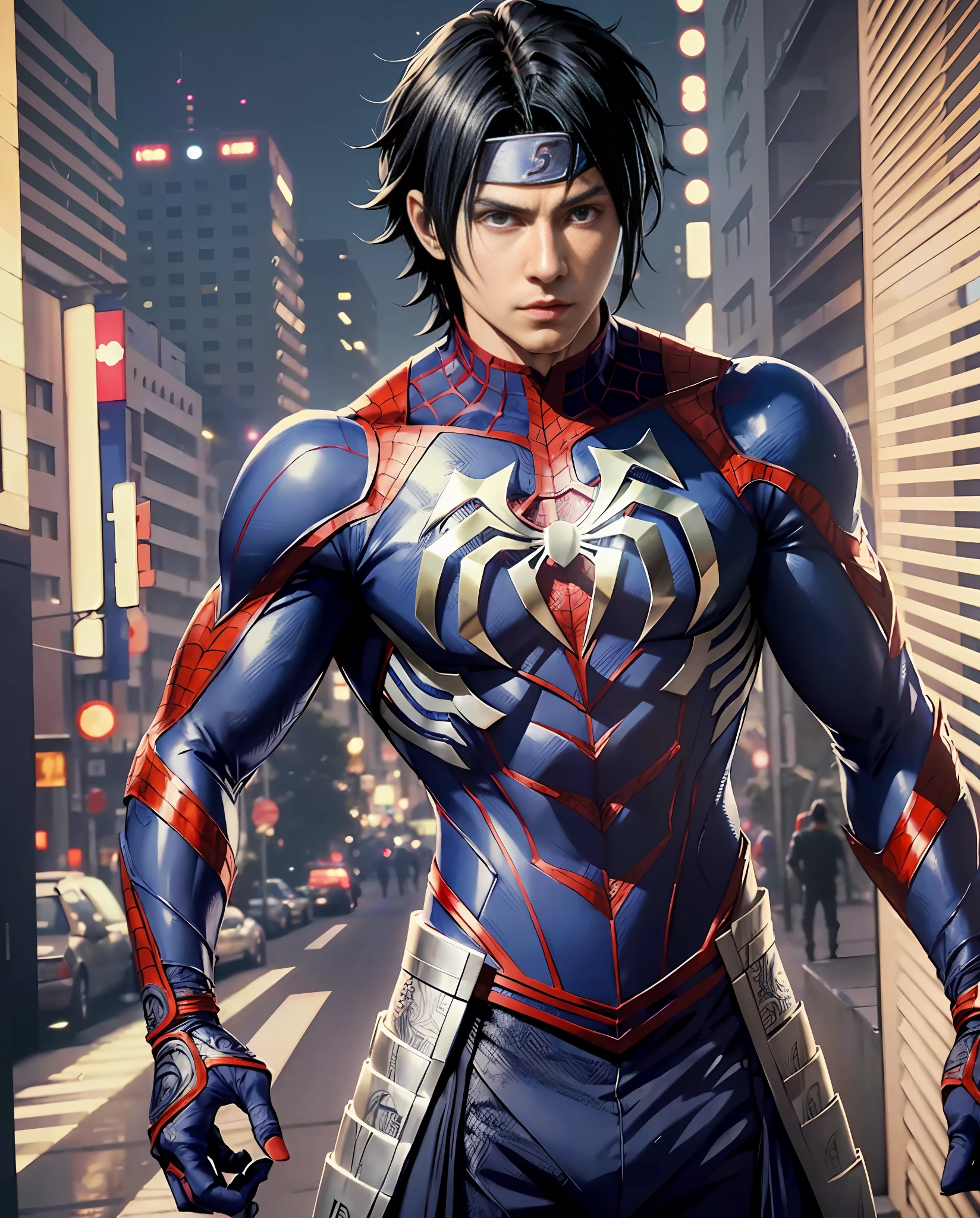 Sasuke Uchiha using spider man cosplay, CREATE a man, Male, Boy, 1 male, one man((Best Quality)), ((4K)), ((Very refined details)), ((Best lighting)),((ray tracing)), One man alone, Male, (best quality:1.4), (oa-prima:1.2), (intricate details:1.12), hdr, (intricate details, hyperdetailed:1.15), --auto --s2