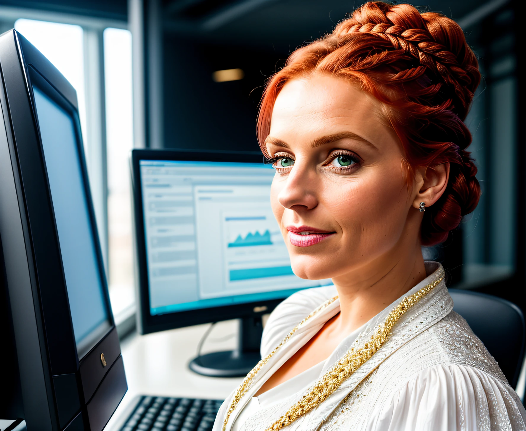 light and shiny, 8k, photo of the size of the beautiful European lady, braided updo, intricate detail, realistic texture, dynamic composition, high contrast, she is president of a technology company, she is in her office with the computer, red hair
