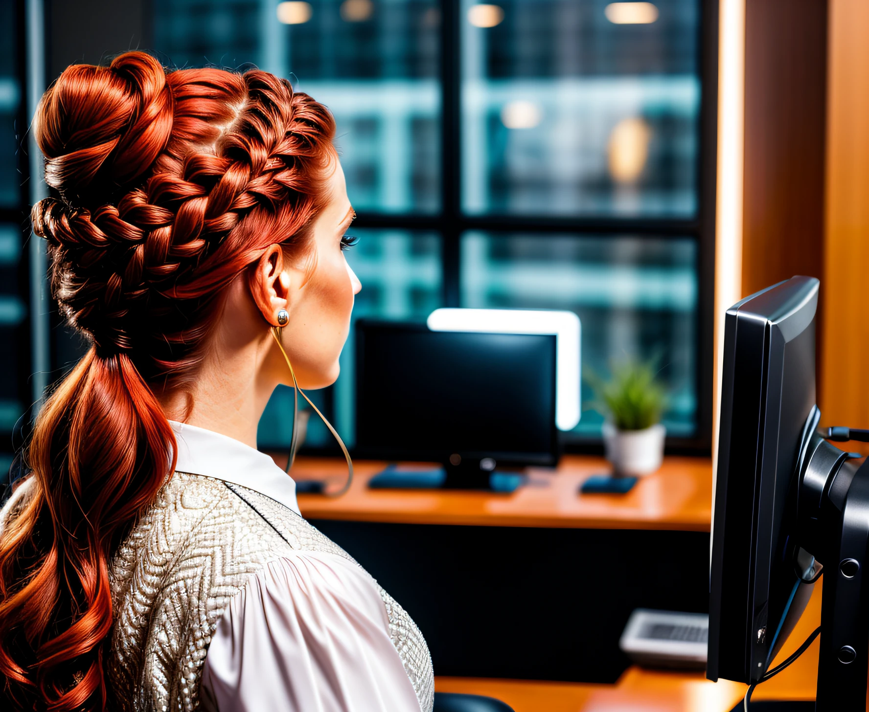 light and shiny, 8k, photo of the size of the beautiful European lady, braided updo, intricate detail, realistic texture, dynamic composition, high contrast, she is president of a technology company, she is in her office with the computer, red hair