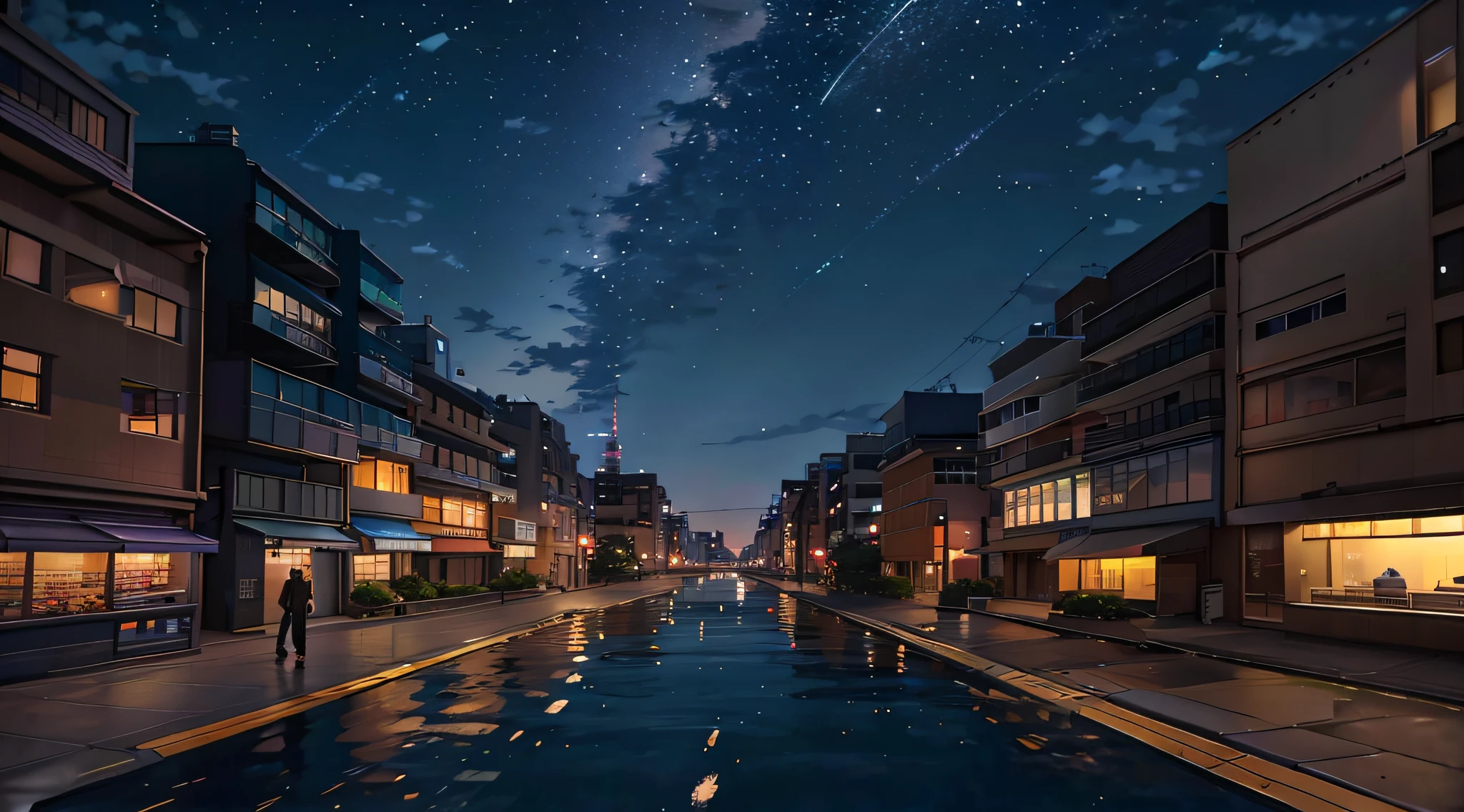 nighttime scene of a city street with a river and a person walking, reflections. by makoto shinkai, tokyo anime scene, cosmic skies. by makoto shinkai, quiet tokyo alley at night, realistic anime 3 d style, calm night. digital illustration, watching night streets, anime style cityscape, in a japanese town at night, in style of makoto shinkai