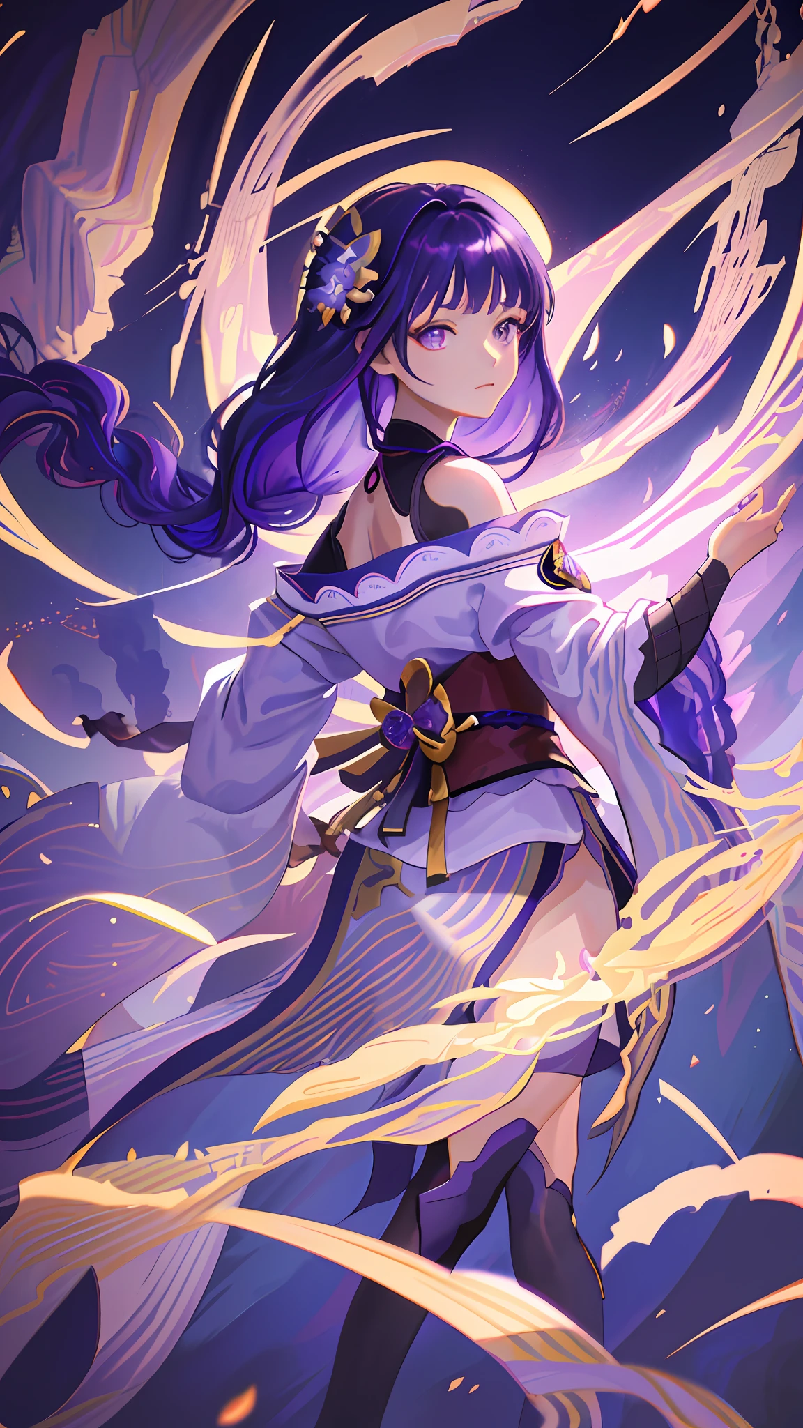 raiden(masterpiece), (best quality), (ultra detailed),(disheveled hair),(illustration), (1girl), beautifuldetailedeyes,delicate beautiful face,Floating,(high saturation),(colorful splashes),colorful bubble,(shining),focus on face, purple hair with a thic long braid, purple eyes, short kimono, purple and gold fractals on background