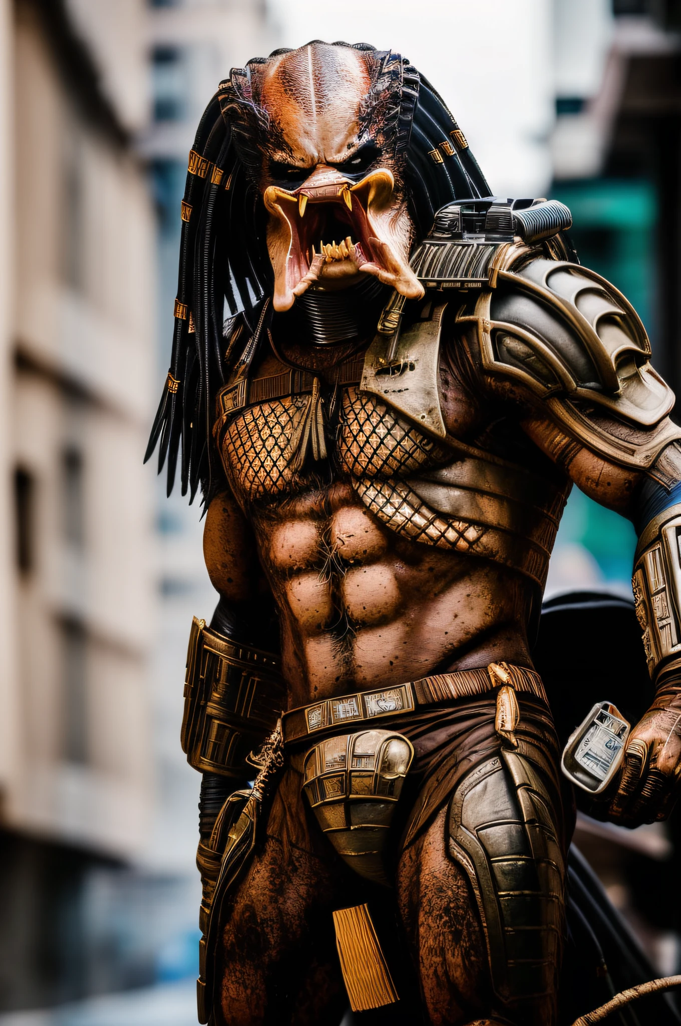 a photo of a Yautja predator with sharp teeth, perfect eyes, ((perfect detailed face:1.1)), (high detailed skin:1.1), smiling, perfect body, fighting pose, professional Photography, dramatic lighting, Photorealistic, detailed face, sunset, in a city dirty alleyway background, blurred background, volumetric fog, RAW, analog style, sharp focus, 8k, high res, DSLR, high quality, Fujifilm XT3, film grain, award winning, masterpiece,