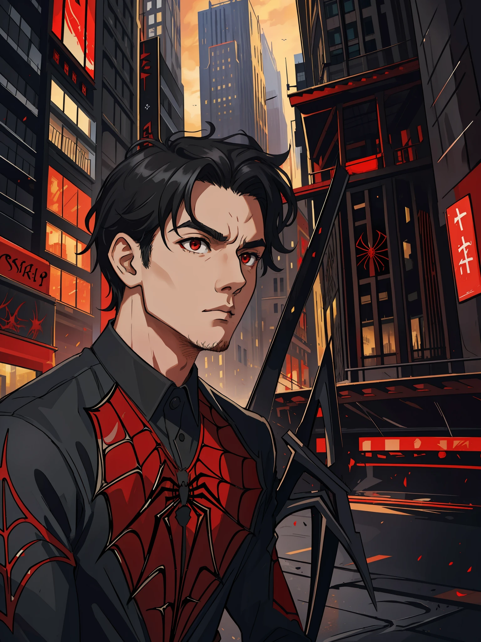 (masterpiece, best quality), intricate details, 8k, artstation, wallpaper, official art, splash art, sharp focus, hair split in half, red eyes, black hair, 
 spider suit, spider web printing, spider web,  
skyscrapers, city, buildings, cars, street, focus boy, boy