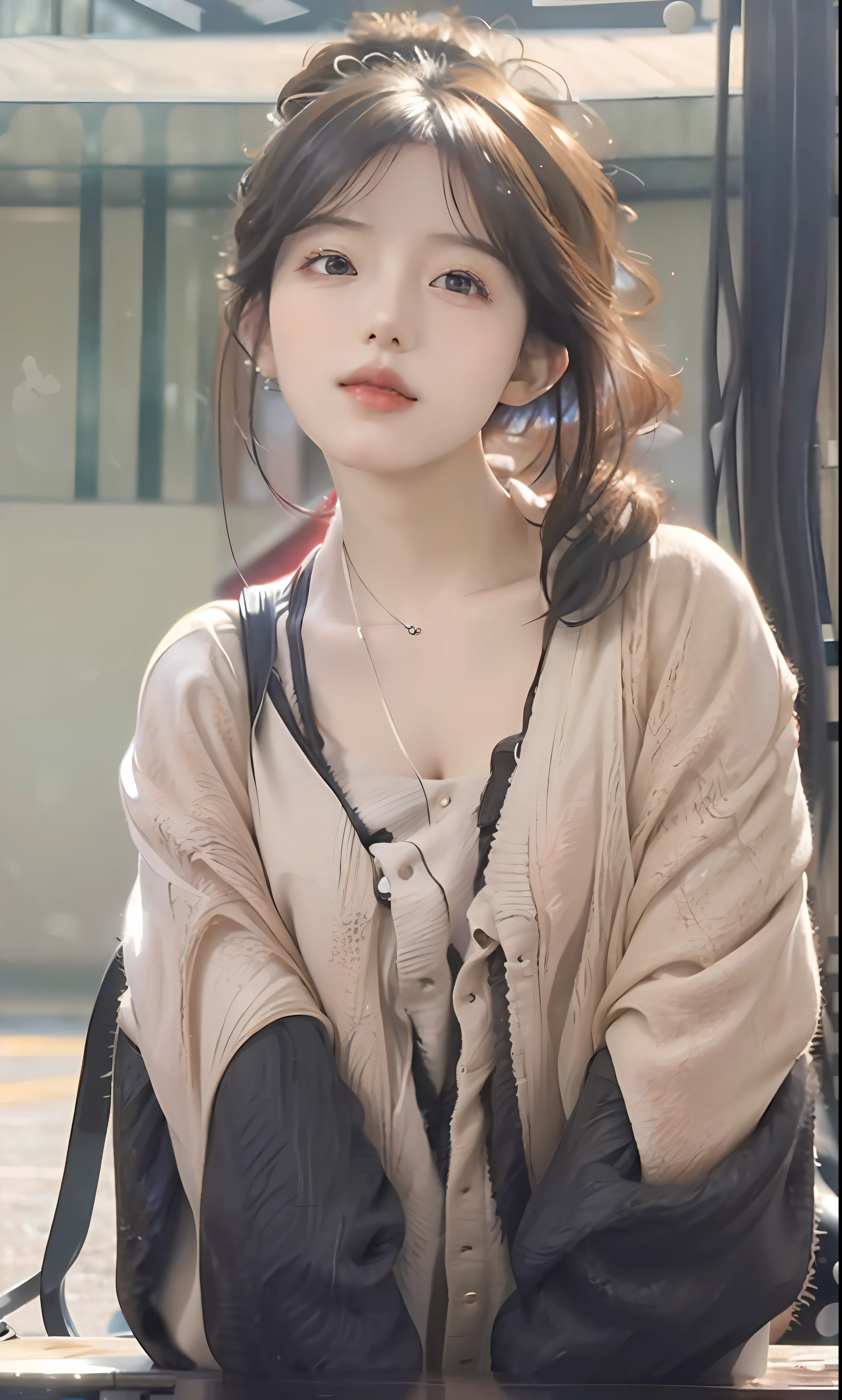 (8k, RAW photo, photorealistic:1.25) ,( lipgloss, eyelashes, gloss-face, glossy skin, best quality, ultra highres, depth of field, chromatic aberration, caustics, Broad lighting, natural shading, Kpop idol) looking at the audience With serenity and goddess-like bliss,