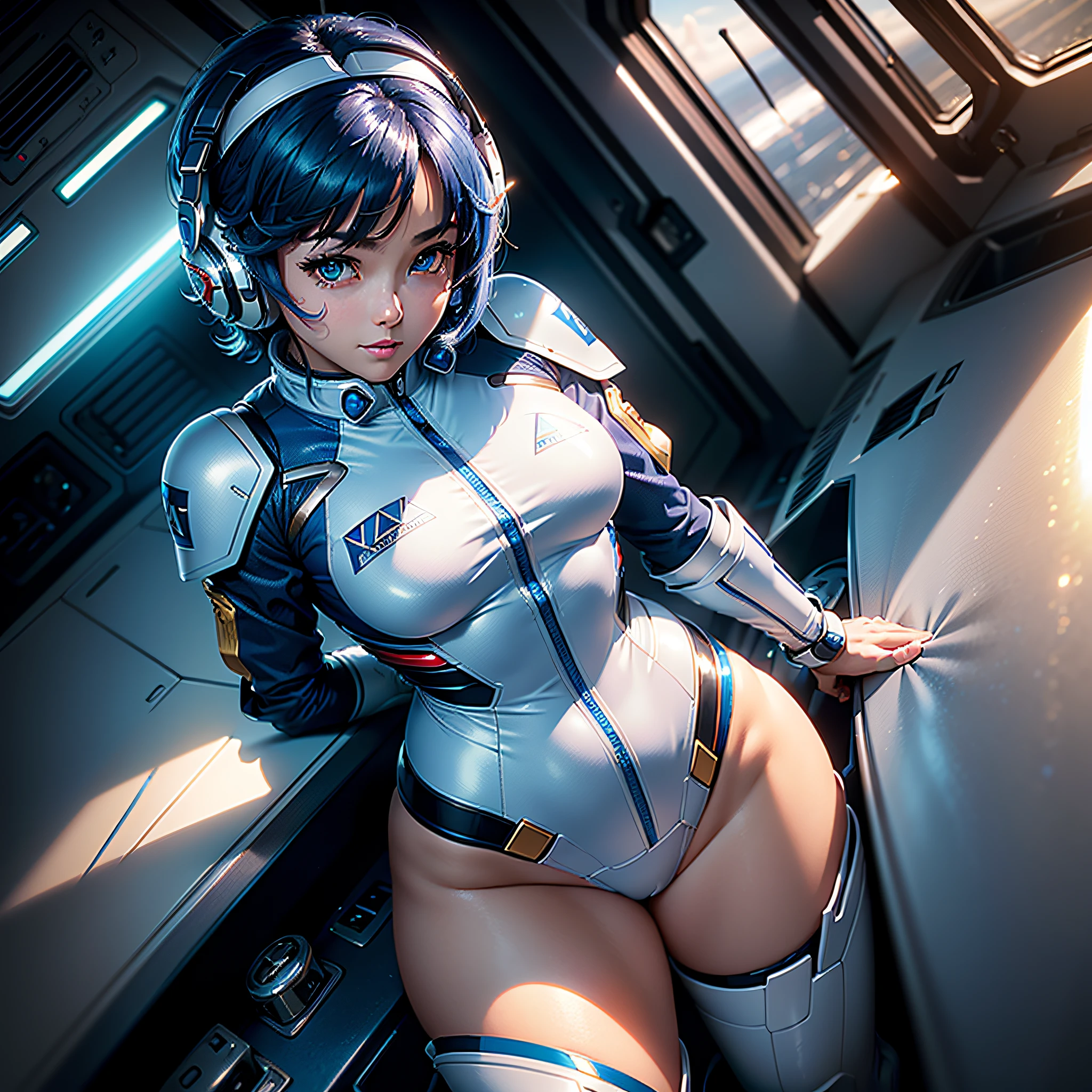 (Masterpiece, Best Quality, Best Resolution, distinct_image, Very Elaborate CG, Cinematic Lighting, Ray Tracing, Drop Shadows, Detailed Detail, (Photorealistic: 1.4), High Quality Textures, Fine-grained, Realistic Face Expression): (Single Girl, Face Japan Person, Blue Haired Girl, Short Cut, Lying, Small Size Breasts, Detailed Gundam cockpit with sparkly blue colored eyes, eye-level shots, metallic white and blue colored flight suits, tight-fitting clothes, full-body covering clothes, light smile, beauty, slim body, exoskeleton, heroine, headset, knee boots, solo ride)