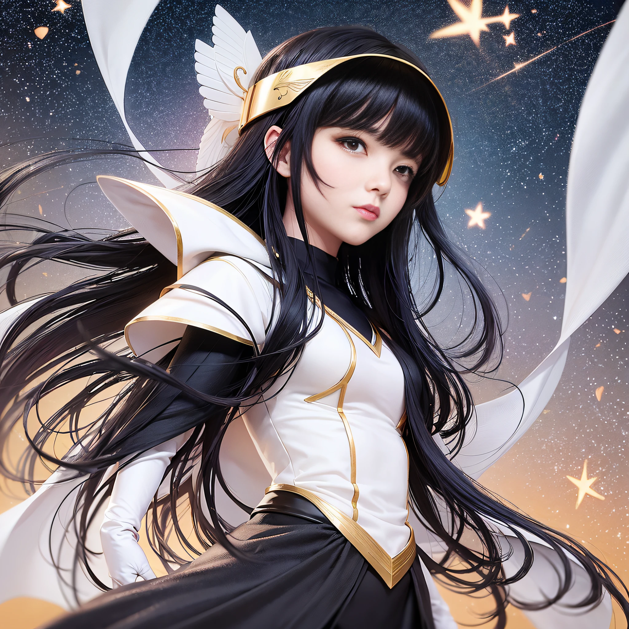 An Asian woman wearing a white and black dress (silk), a helmet, long black hair, medium-sized chest, all looking to the left, a shooting star flying in the sky