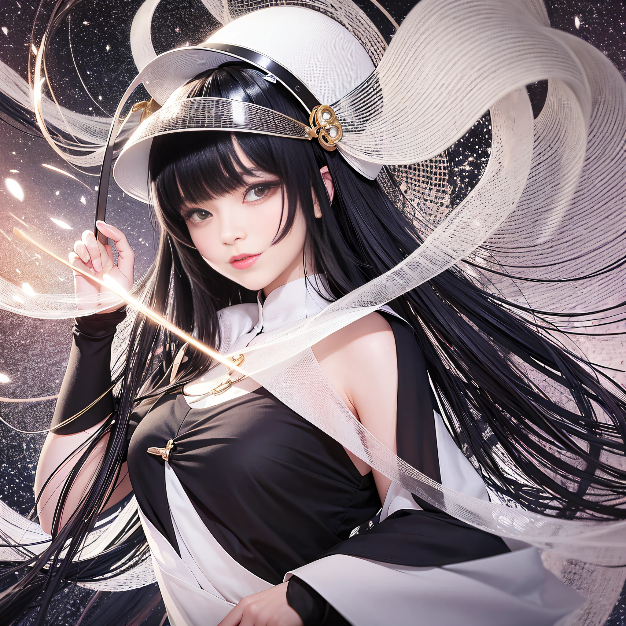 An Asian woman wearing a white and black dress (silk), a helmet, long black hair, medium-sized chest, all looking to the left, a shooting star flying in the sky