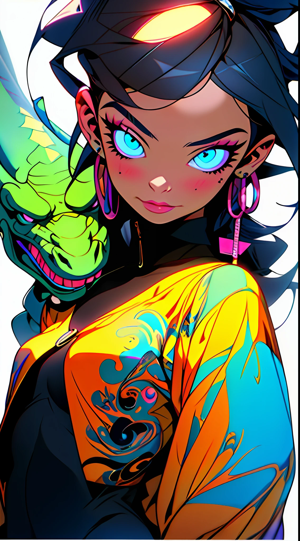 3girls, excellent lighting, sidelighting, (curvy: 1.2), vhsKeeper, background, mixed-language_text, Japanese graffiti letters, GUILTY GEAR -STRIVE style perfect(flat color: 1.3), (magazine_cover: 1.4), (multicolored_background: 1.3), striped_background, card_background, mixed-language_text, :: comix style by joe madureira :: , perfect and detailed, ultra detailed shirt with abstract design, with Japanese graffit letter print on the sides of the dress,  image of full-body women fighting alongside you with powerful dragons versus alien creature full of tentacles, with immersive effects, hover effect, background graffiti style tribal tattoo with vibrant colors "ultra hdr" detailed and with focus effect, (masterpiece: 1.2, best quality), (beautiful eyes finely detailed: 1.2), , ((Solo)), (Blue eyes:1.4), (Finely detailed eyes and detailed face with long eyelashes:1.3),  in various full-body attack poses, (beautiful and clear background: 1.2),futuristic costume, super detailed circular metals Clinging to the arms and pants, fantastic paintings