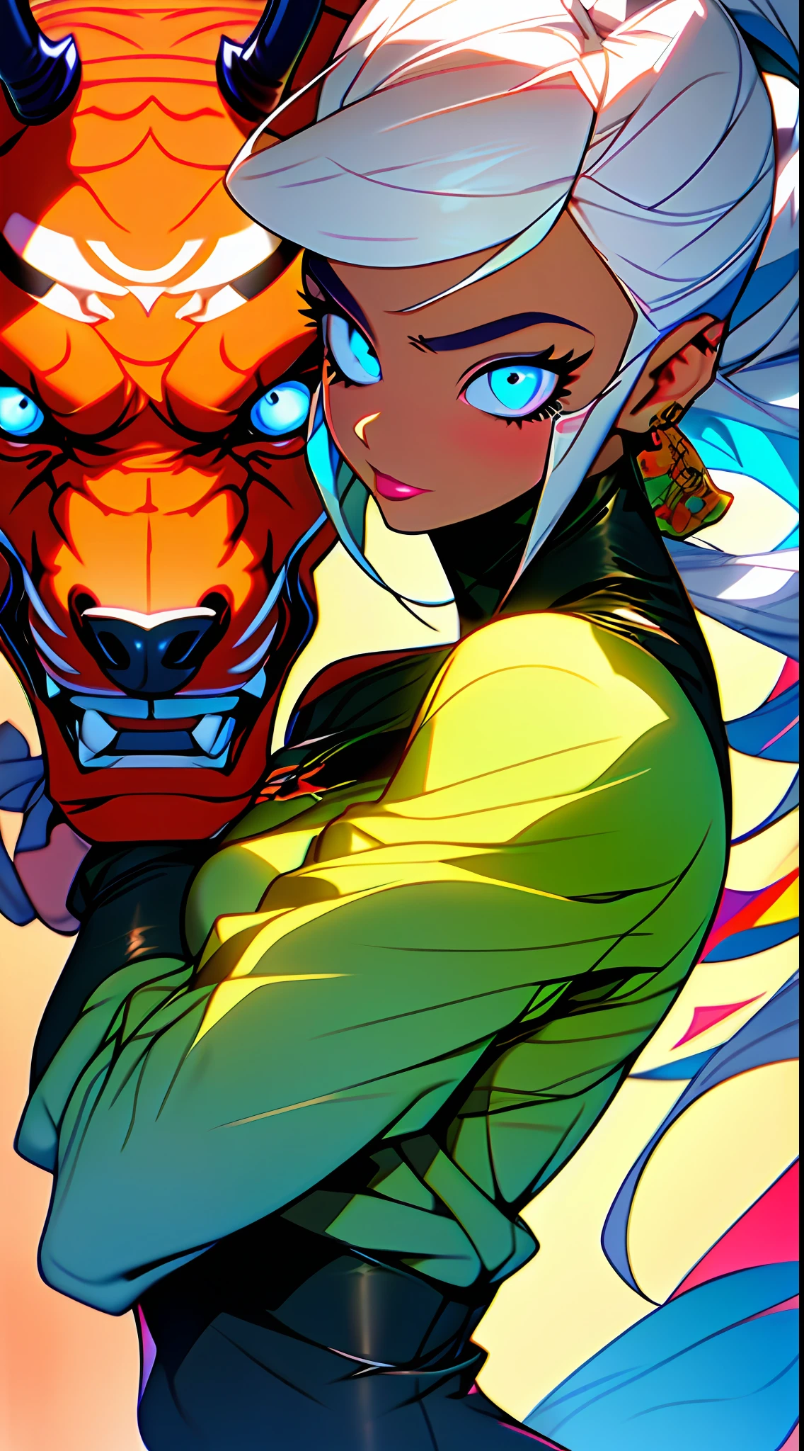 3girls, excellent lighting, sidelighting, (curvy: 1.2), vhsKeeper, background, mixed-language_text, Japanese graffiti letters, GUILTY GEAR -STRIVE style perfect(flat color: 1.3), (magazine_cover: 1.4), (multicolored_background: 1.3), striped_background, card_background, mixed-language_text, :: comix style by joe madureira :: , perfect and detailed, ultra detailed shirt with abstract design, with Japanese graffit letter print on the sides of the dress, image of full-body women fighting alongside you with powerful dragons versus alien creature full of tentacles, with immersive effects, hover effect, background graffiti style tribal tattoo with vibrant colors "ultra hdr" detailed and with focus effect, (masterpiece: 1.2, best quality), (beautiful eyes finely detailed: 1.2), , ((Solo)), (Blue eyes:1.4), (Finely detailed eyes and detailed face with long eyelashes:1.3), in various full-body attack poses, (beautiful and clear background: 1.2),futuristic costume, super detailed circular metals Clinging to the arms and pants, fantastic paintings