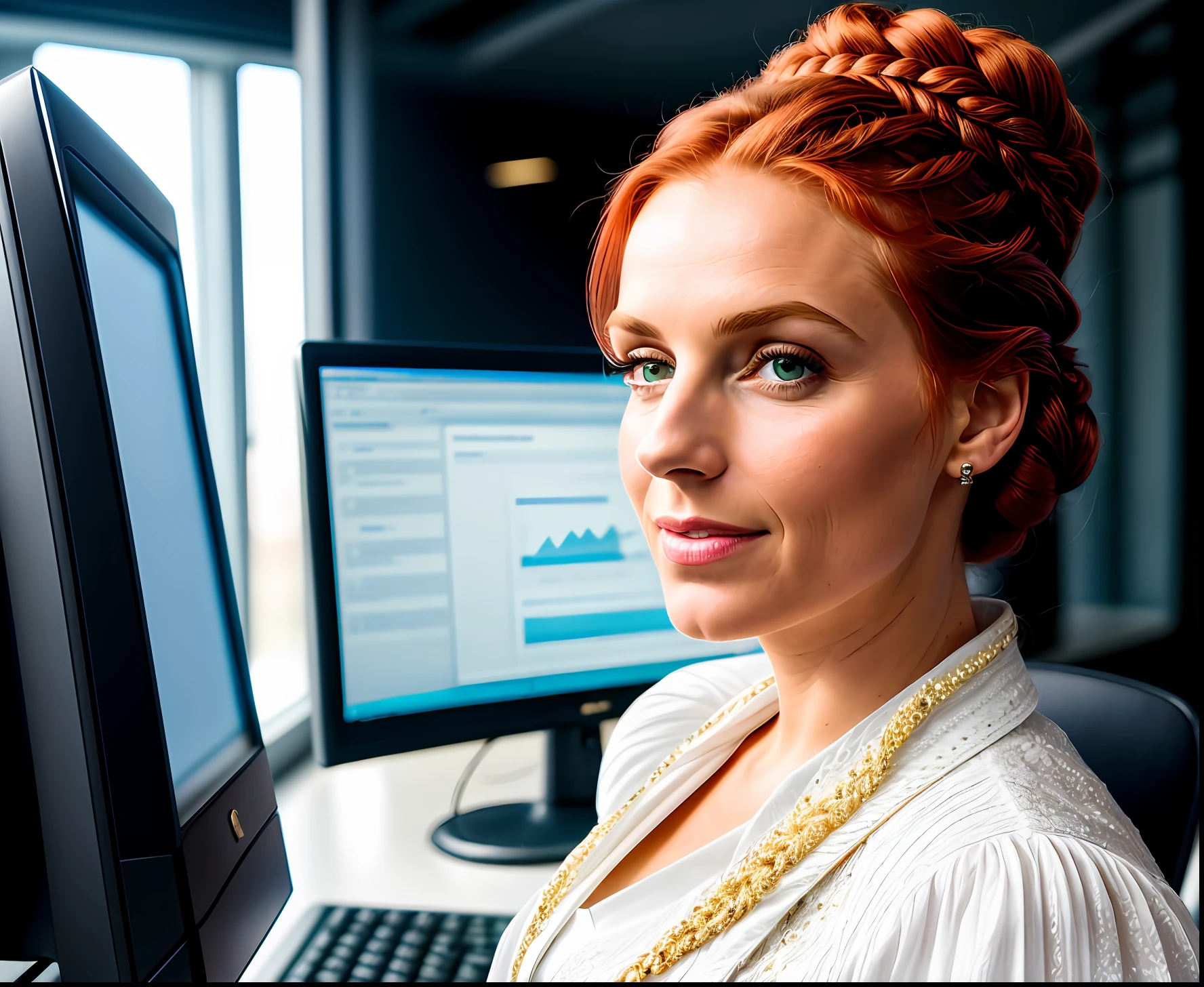 light and shiny, 8k, photo of the size of the beautiful European lady, braided updo, intricate detail, realistic texture, dynamic composition, high contrast, she is president of a technology company, she is in her office with the computer, red hair