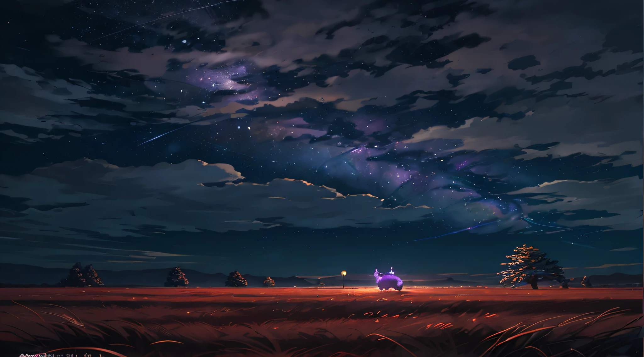 A wide landscape photo, (viewed from below, the sky is above, and the open field is below), a wolf sitting on grass field looking up, (full moon: 1.2), (meteor: 0.9), (nebula: 1.3), distant mountains , Trees BREAK Crafting Art, (Warm Light: 1.2), (Firefly: 1.2), Lights, Lots of Purple and Orange, Intricate Details, Volumetric Lighting BREAK (Masterpiece: 1.2), (Best Quality), 4k, Ultra Detailed, (Dynamic Composition: 1.4), Rich in Detail and Color, (Rainbow Color: 1.2), (Glow, Atmospheric Lighting), Dreamy, Magical, (Solo: 1.2)