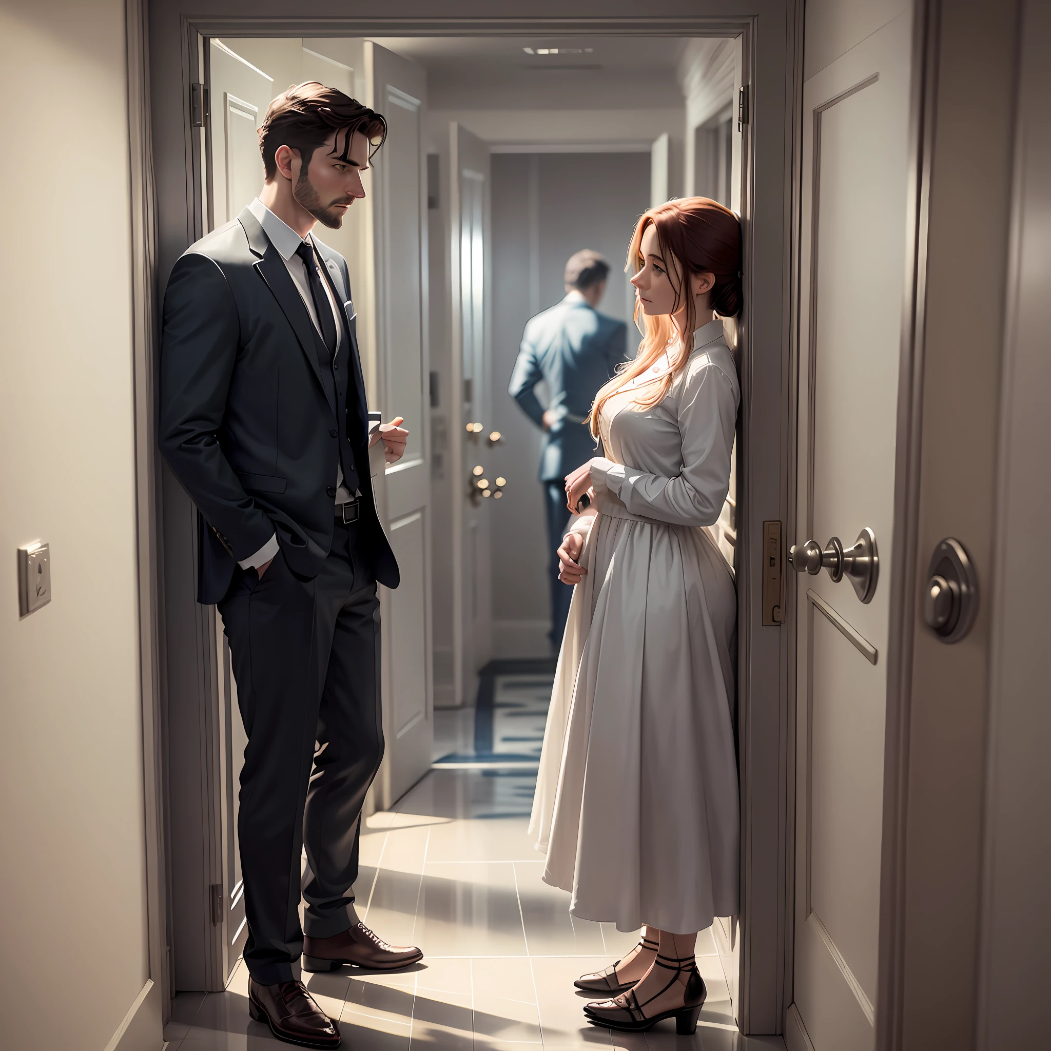 A scene from a romance movie: "A couple of a man and a woman standing in hotel fours, a noise startles the two and, as they stare at the door, express fear and curiosity on their faces. [Embedding: suspense, tension, horror]"