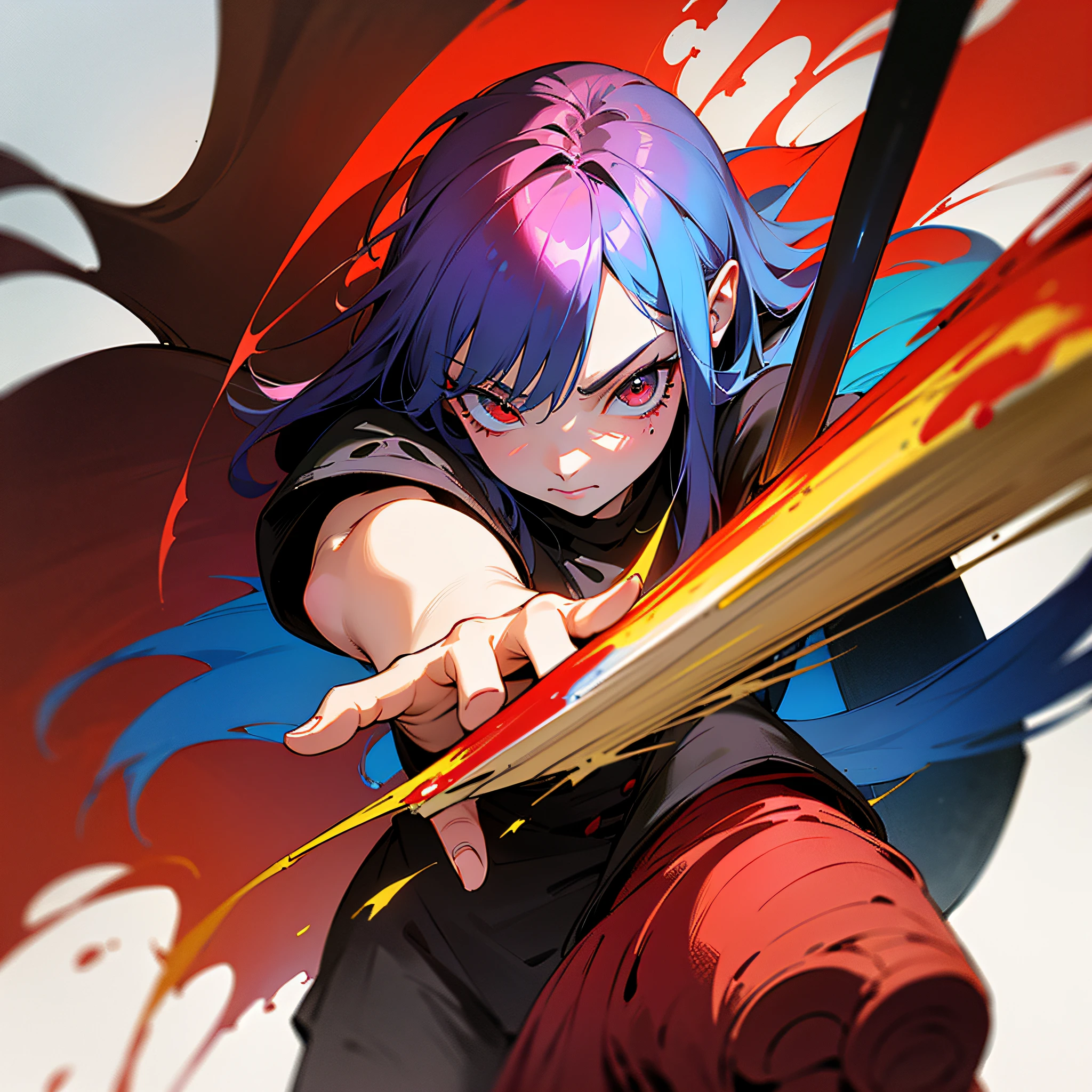 0 damage assassine, pointing the brush at viewer, ,a killer who likes to paint, dirty laundry of colored paint, holding a wet brush of paint, colored hair, fantasy, marvel, absolutely stunning art, art of the highest quality, highest resolution, hyper detailed, black and red