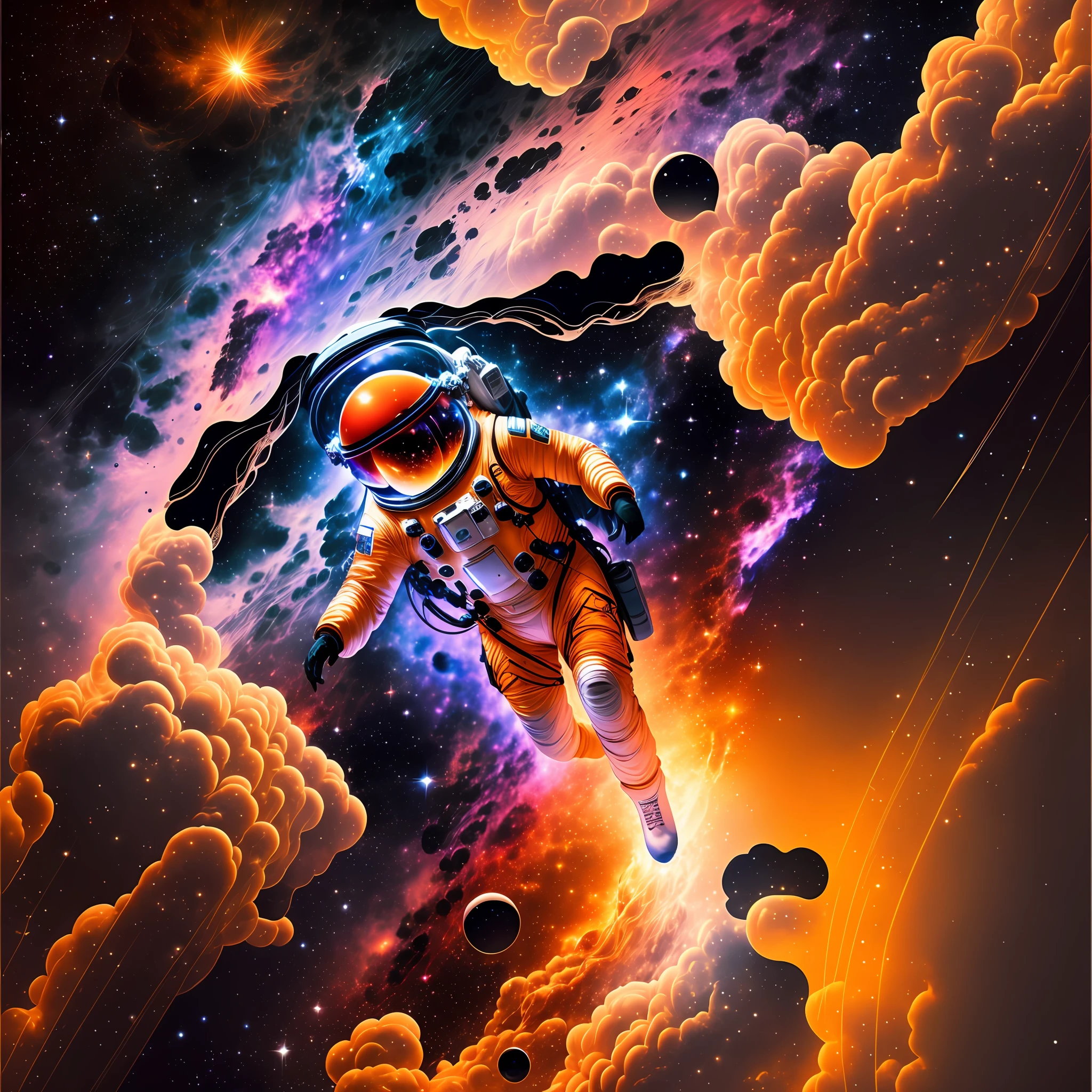 An astronaut floating in space, warm-colored nebula, black border --auto --s2