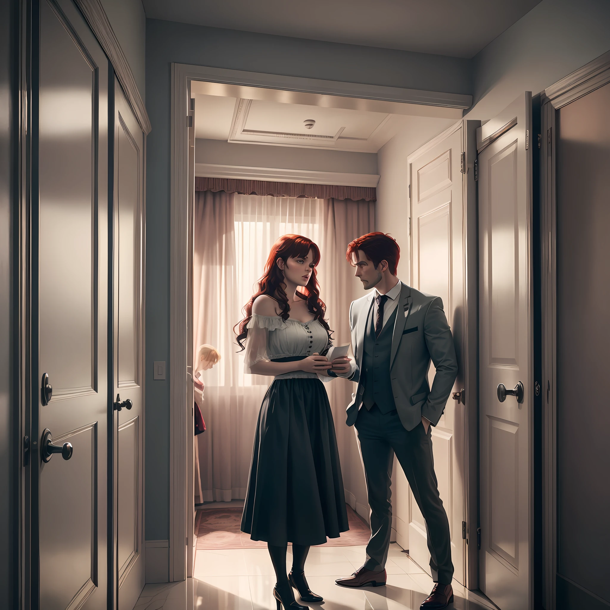 A scene from a romance movie: "A couple of a man and a woman with short, red hair are rumbling in hotel fours, a noise startles them both and, as they stare at the door, they express fear and curiosity on their faces. [Embedding: suspense, tension, horror]"