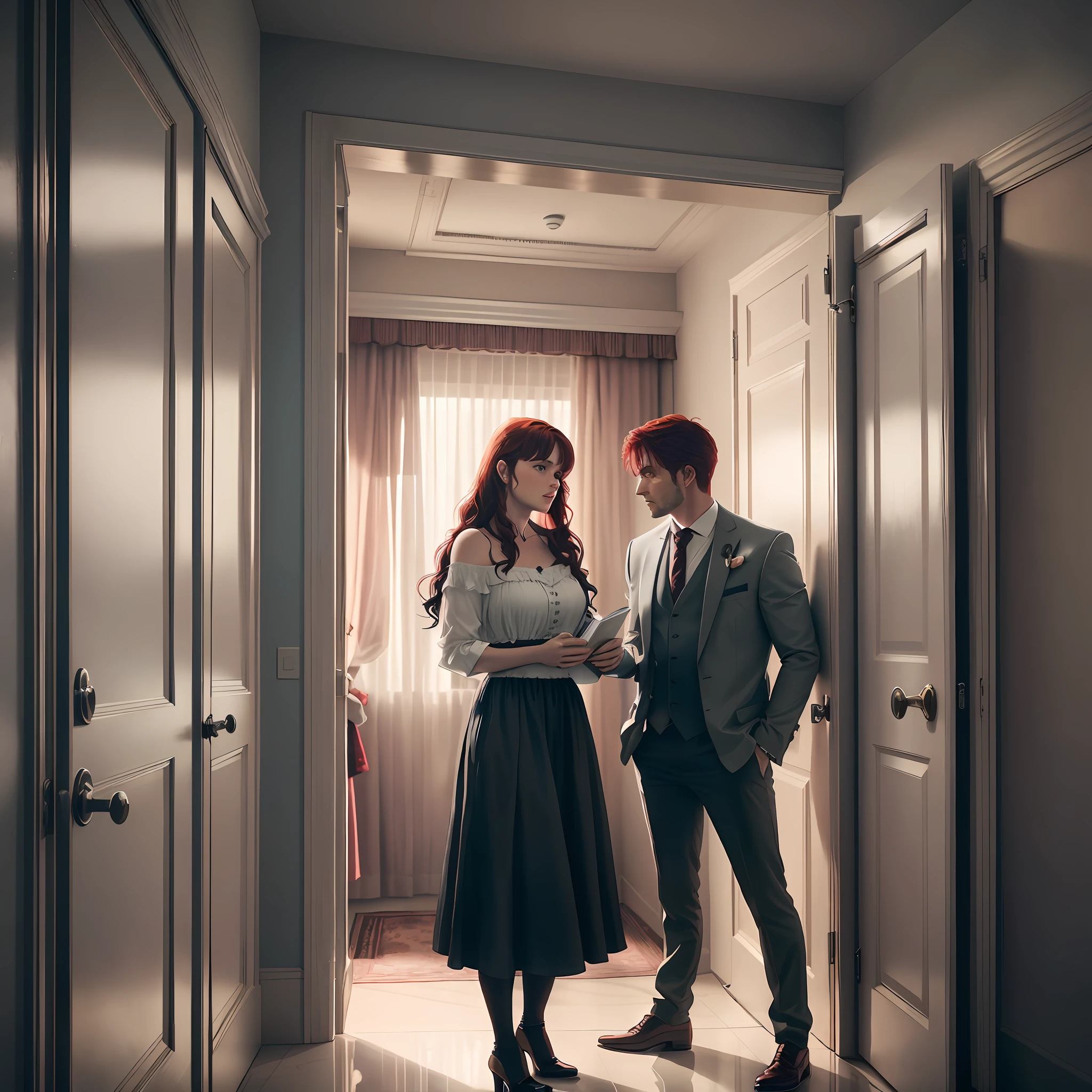 A scene from a romance movie: "A couple of a man and a woman with short, red hair are rumbling in hotel fours, a noise startles them both and, as they stare at the door, they express fear and curiosity on their faces. [Embedding: suspense, tension, horror]"