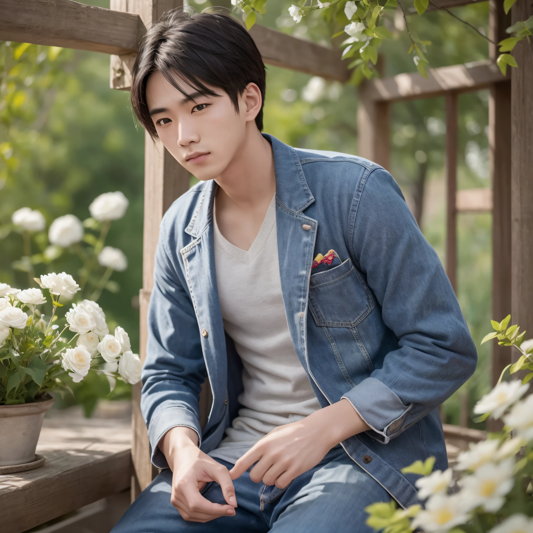 A 20 year old sunny and handsome Asian man with full body photos, flowers, emotions, foreground, Asian style, photography style, realism, surrealism, cinematic feel, Canon EOSR6 camera, focal length 85mm, aperture f5.6, ISO100 and natural light, soft focus, shutter 1/50, dry background, color grading, color correction, ultra-high definition, optimal image quality, and fine details，8k --ar 3:4 --q 2 --s 750 --v 5.1 --style raw