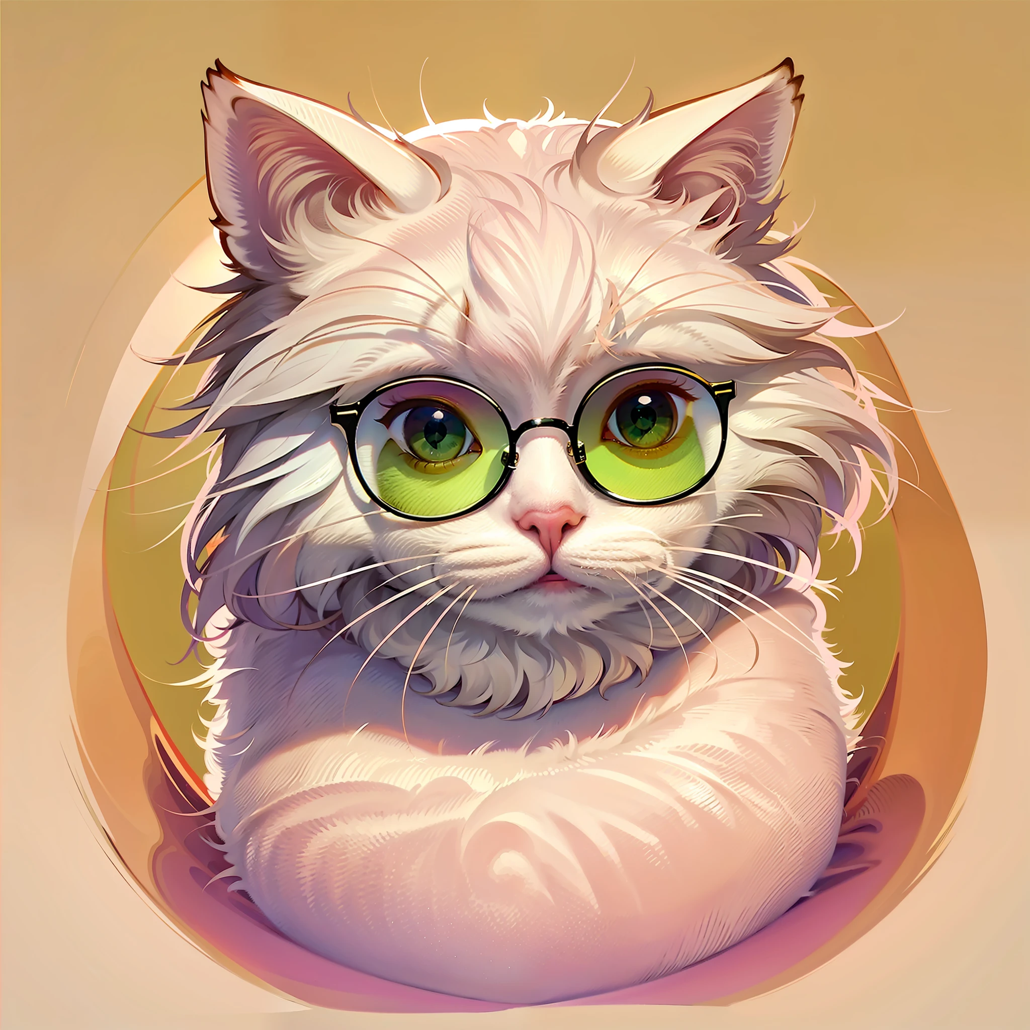 a cute white cat wearing trendy pink sunglasses, white background, white borders, sticker