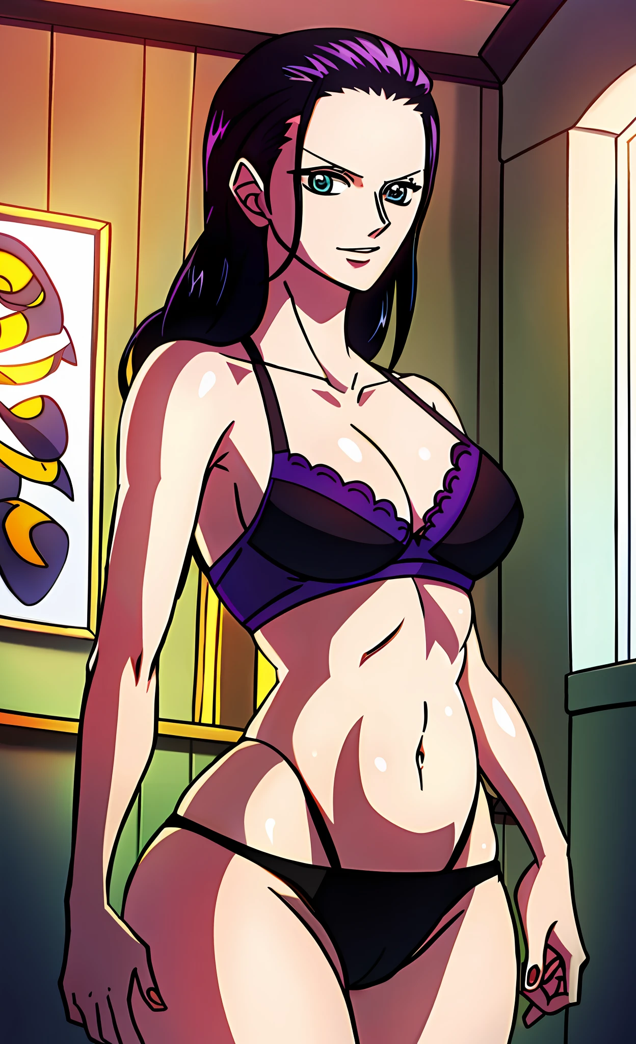 Nico robin, (masterpiece:1.5, best quality), (black underwear:1.4), large_breasts, standing, cowboy_shot, bedroom, looking_at_viewer, (perfect body)