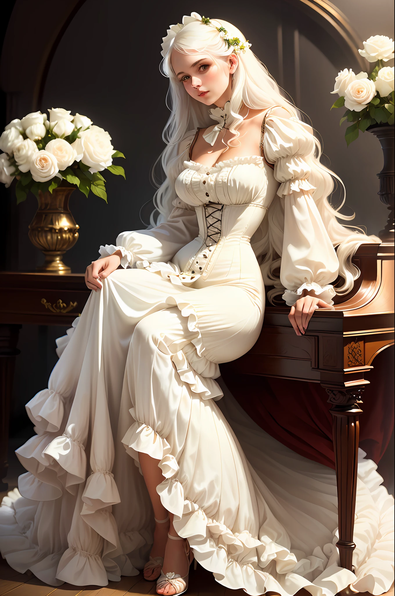((best quality)), detailed, ((attractive but tasteful)), Slim woman, curvy woman, Victorian clothes, long wavy hair, long dress, Long legs, Dress with ruffles, room with piano, decoration with white flowers, white hair,, ((Innocent posing)), ((Skinny body)), ((a hint of sensuality)), ((low key lighting)).