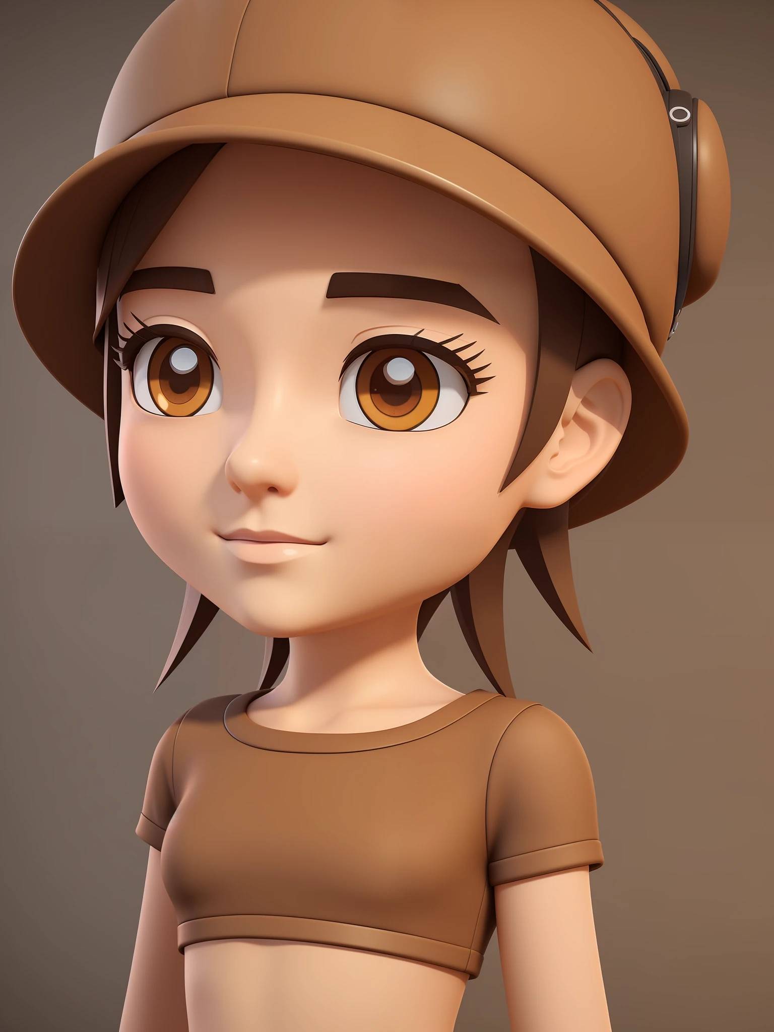 Young girl, a closeup of a cartoon character wearing a light brown cap, (((brown eyes)))), stylized character, animation character, stylized 3d render, 3d character, highly detailed character, stylized anime, stylized 3d, render character, character model, full body