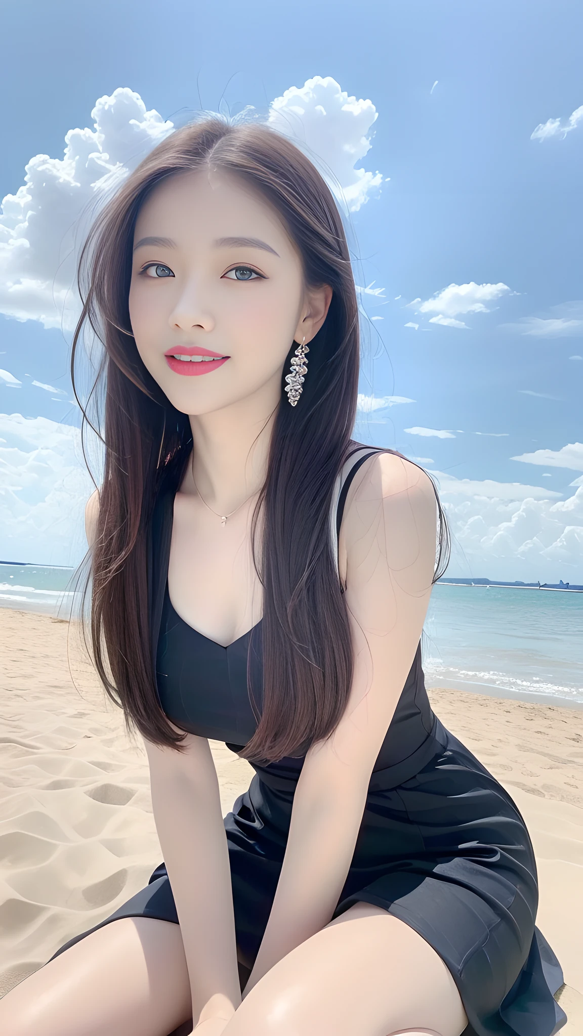 ((Best Quality, 8K, Masterpiece: 1.3)), A beautiful girl, pure, melon face, gentle and cute, thin figure, (frontal), (tilted head), looking directly at the camera, collared dress, grey dress, layered dress, long dress, black silky long straight hair, long hair flowing over the shoulders, round black big eyes, clear big eyes, moist red lips, sweet smile, sitting, hands on knees, blue sky and white clouds, sunshine, beach background ,