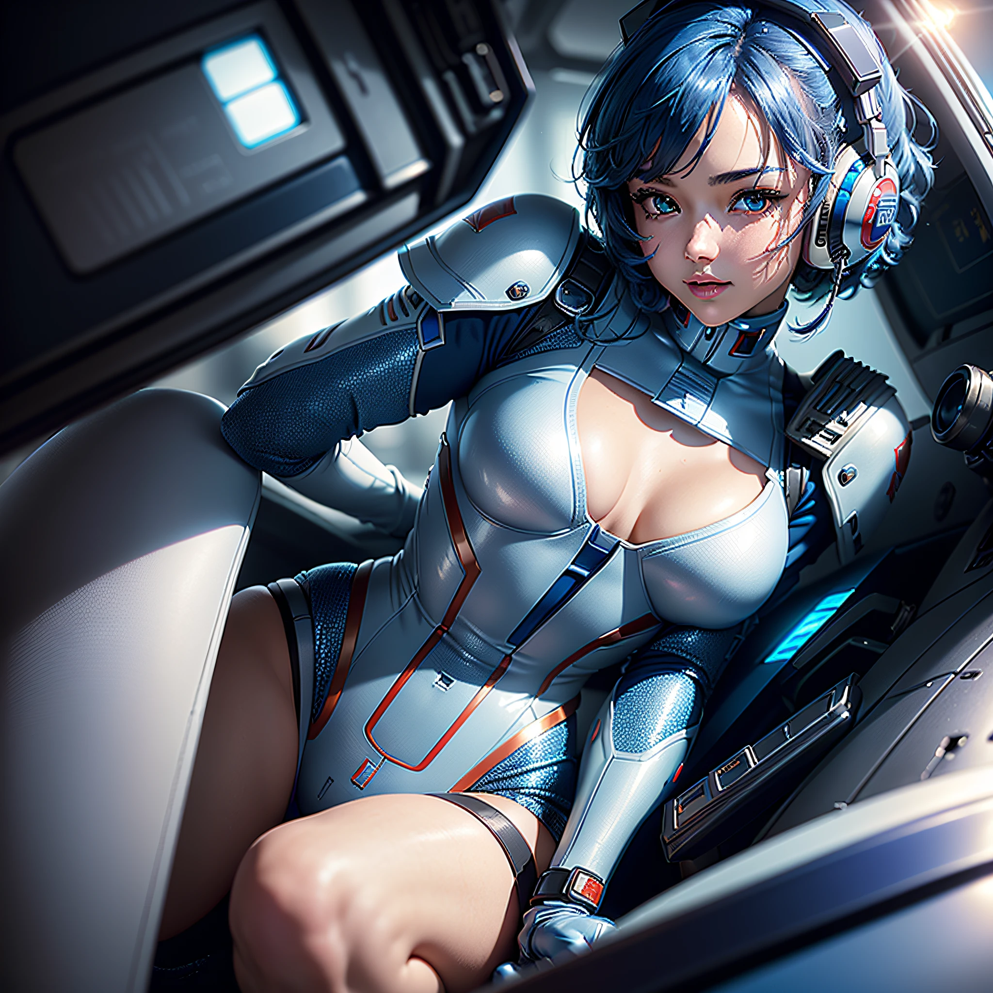 (Masterpiece, Best Quality, Best Resolution, distinct_image, Very Elaborate CG, Cinematic Lighting, Ray Tracing, Drop Shadows, Detailed Detail, (Photorealistic: 1.4), High Quality Textures, Fine-grained, Realistic Face Expression): (Single Girl, Face Japan Person, Blue Haired Girl, Short Cut, Lying, Small Size Breasts, Detailed Gundam cockpit with sparkly blue colored eyes, eye-level shots, metallic white and blue colored flight suits, tight-fitting clothes, full-body covering clothes, light smile, beauty, slim body, exoskeleton, heroine, headset, knee boots, gloves, solo ride)