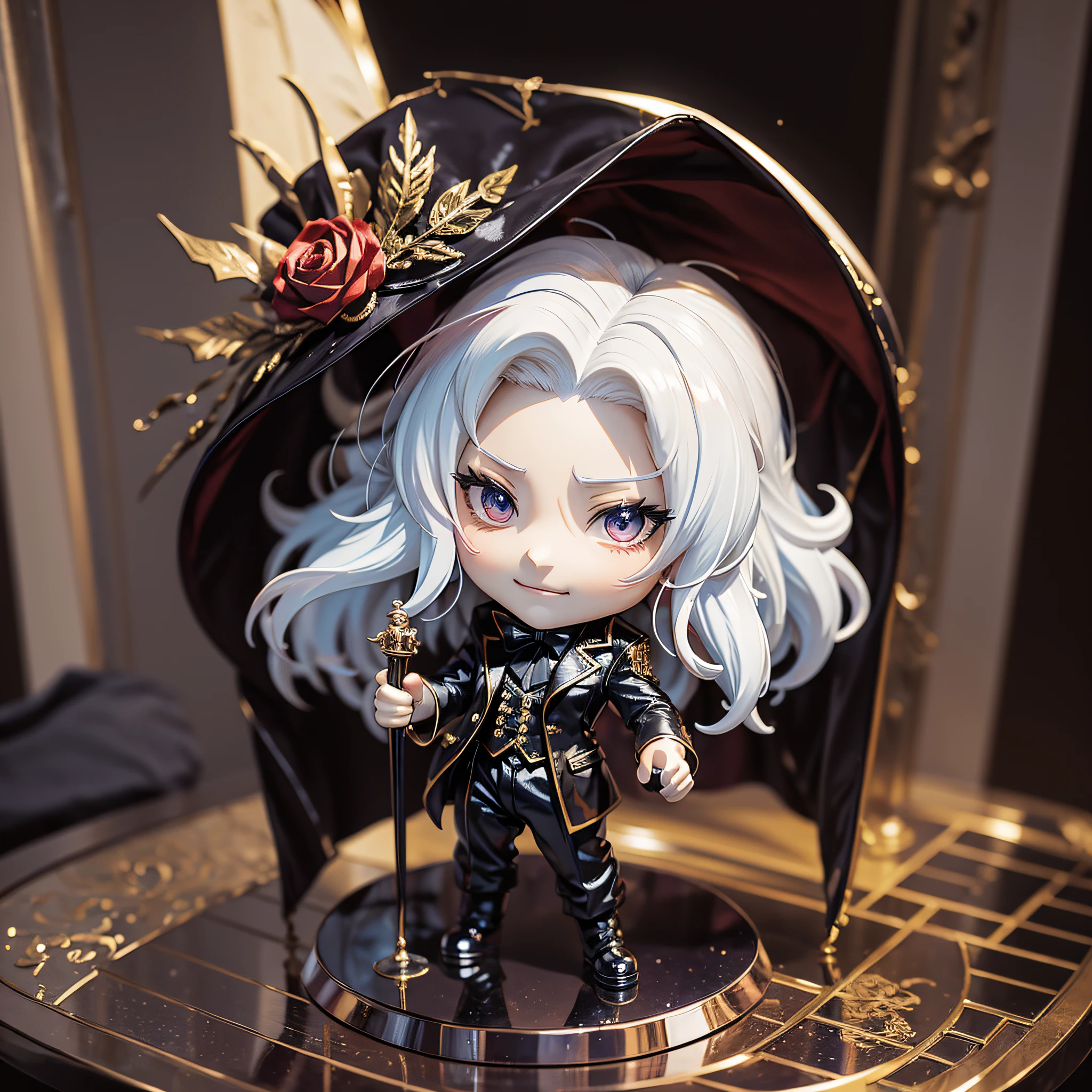ultra cute chibi (((figurine))) of a Alucard in a classic Armani suit made from glimmering porcelain, standing on table --auto --s2
