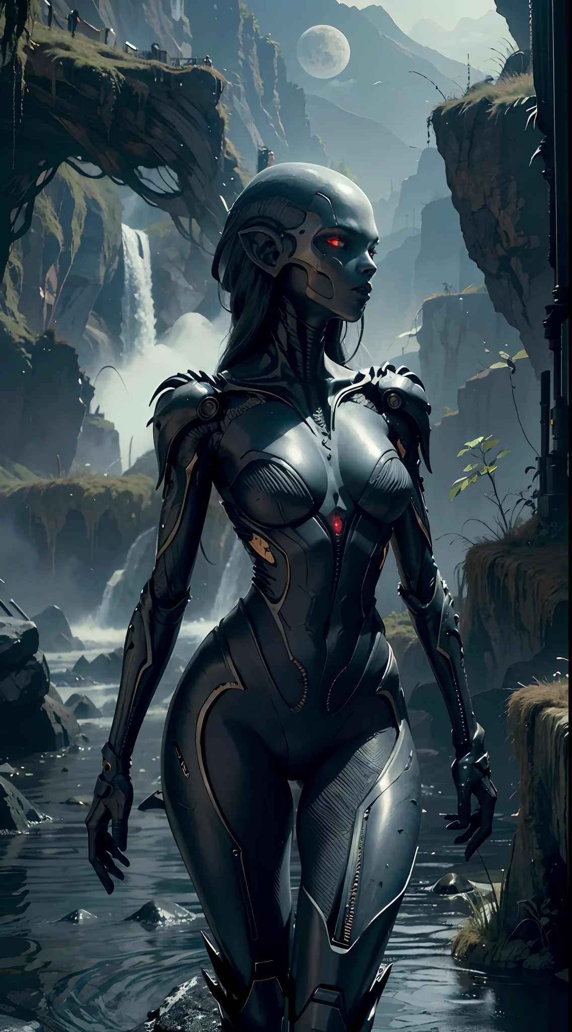 Beautiful Female Xenomorph, photorealistic style, creature, sci-fi, dark, sleek texture, shiny exoskeleton, biomechanical design, elongated head, elongated jaw, sharp teeth, piercing black eyes, slender body, biomechanical tail, translucent membrane, eerie atmosphere, lush alien landscape, vibrant flora, mysterious rock formations, atmospheric lighting, cascading waterfalls, ethereal mist, distant alien sky, captivating celestial bodies
