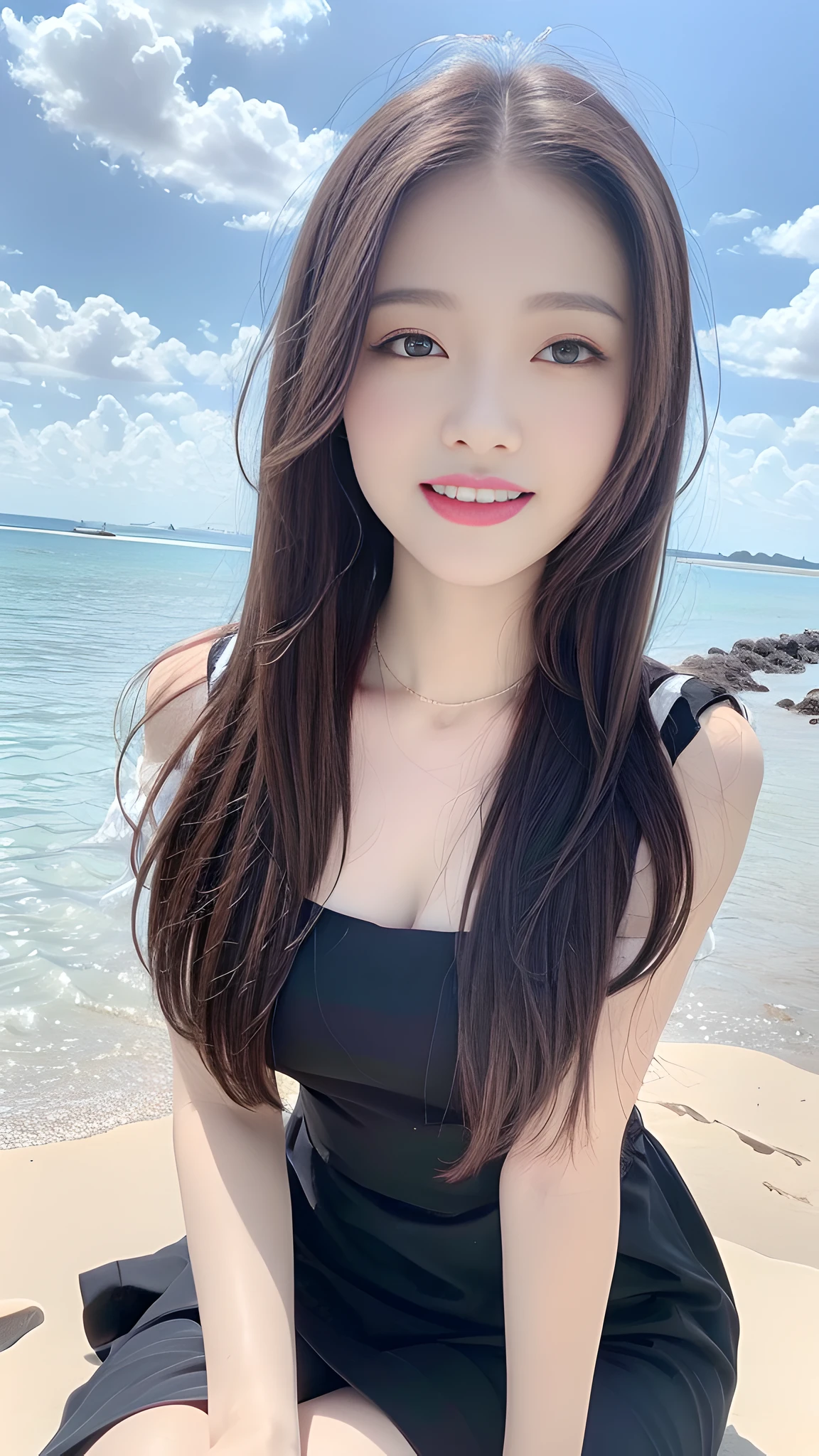 ((Best Quality, 8K, Masterpiece: 1.3)), A beautiful girl, pure, melon face, gentle and cute, thin figure, (frontal), (tilted head), looking directly at the camera, collared dress, grey dress, layered dress, long dress, black silky long straight hair, long hair flowing over the shoulders, round black big eyes, clear big eyes, moist red lips, sweet smile, sitting, hands on knees, blue sky and white clouds, sunshine, beach background ,