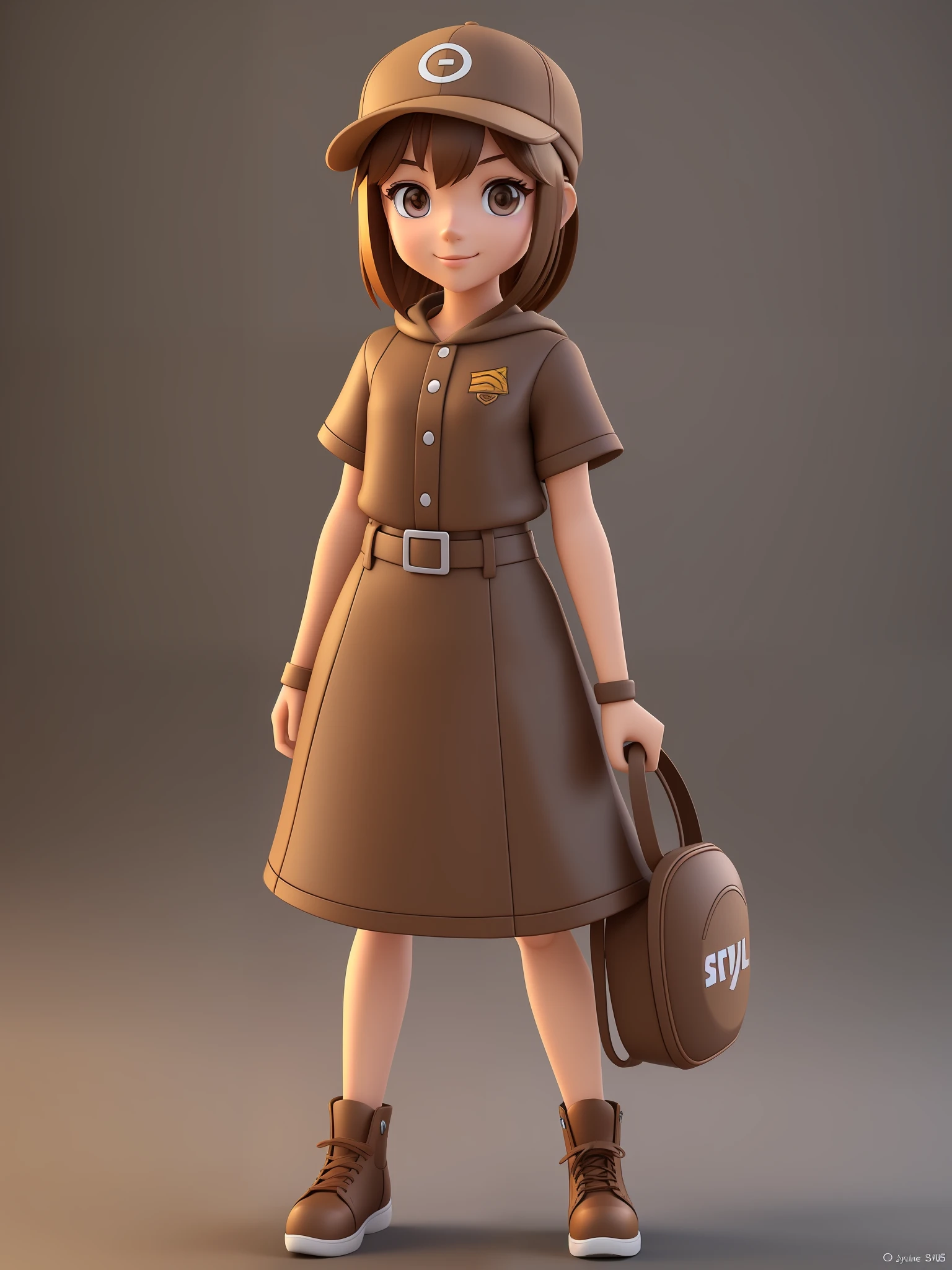 Young girl, a closeup of a cartoon character wearing a light brown cap, (((brown eyes)))), stylized character, animation character, stylized 3d render, 3d character, highly detailed character, stylized anime, stylized 3d, render character, character model, full body