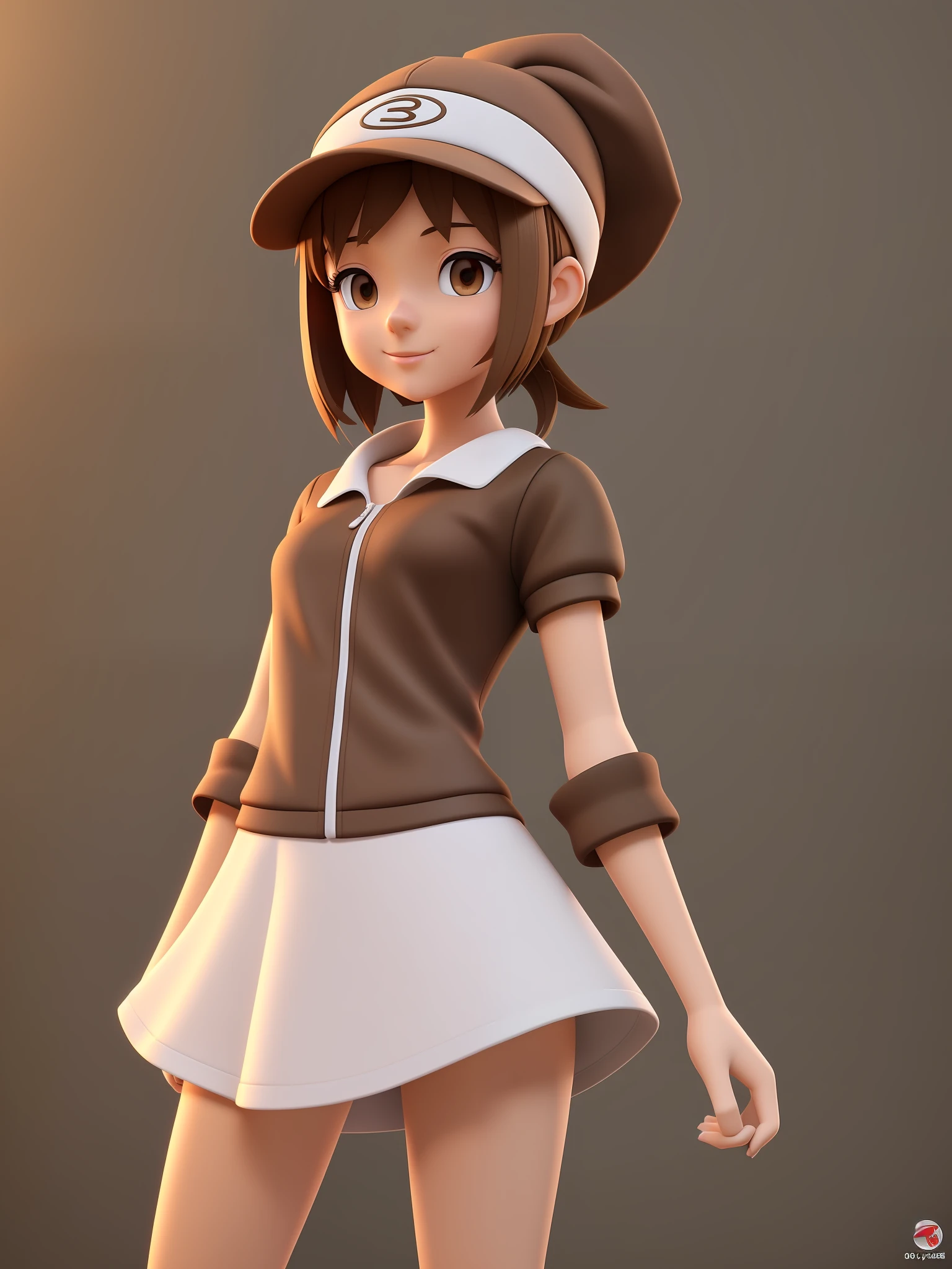 Young girl, a closeup of a cartoon character wearing a light brown cap, (((brown eyes)))), stylized character, animation character, stylized 3d render, 3d character, highly detailed character, stylized anime, stylized 3d, render character, character model, full body