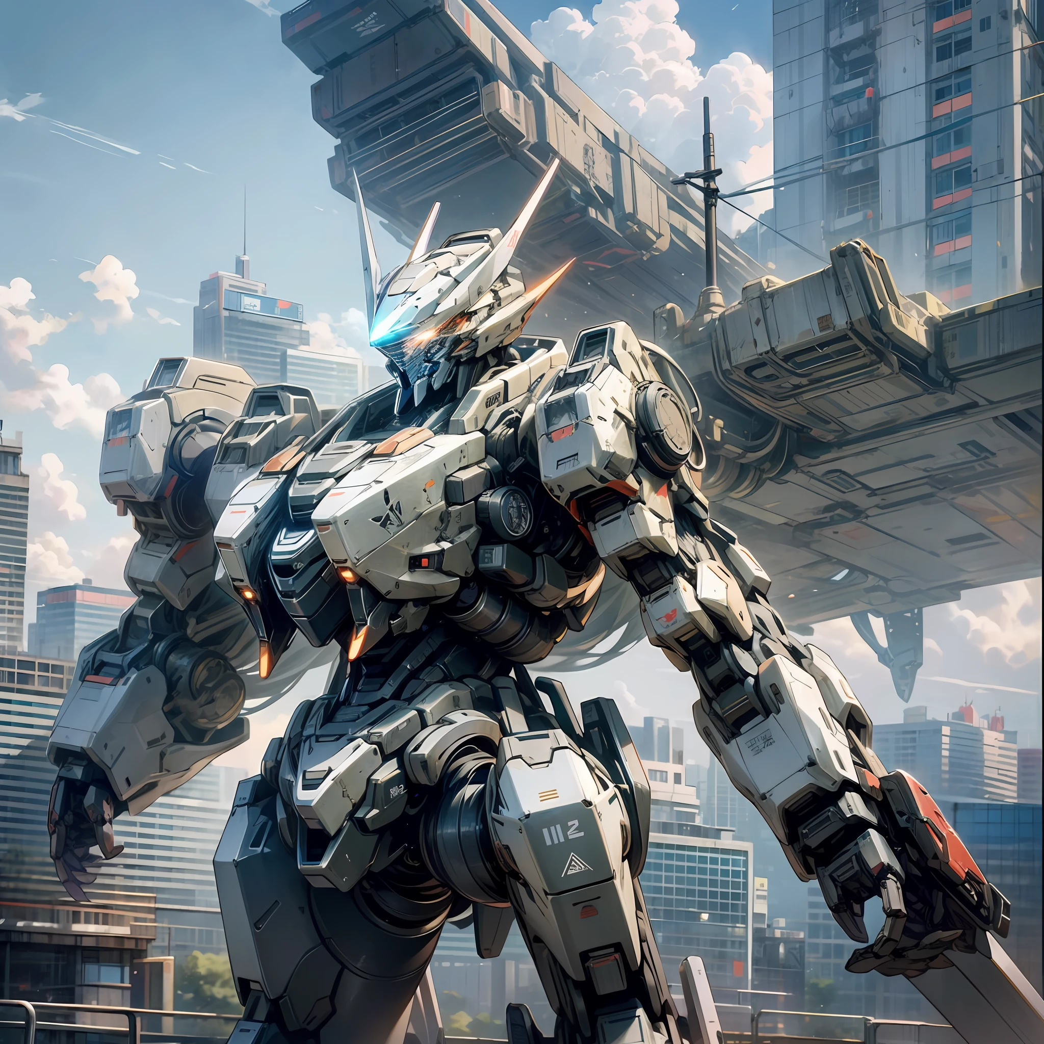 sky, cloud, holding_weapon, no_humans, glowing, , robot, building, glowing_eyes, mecha, science_fiction, city, realistic,mecha --auto --s2