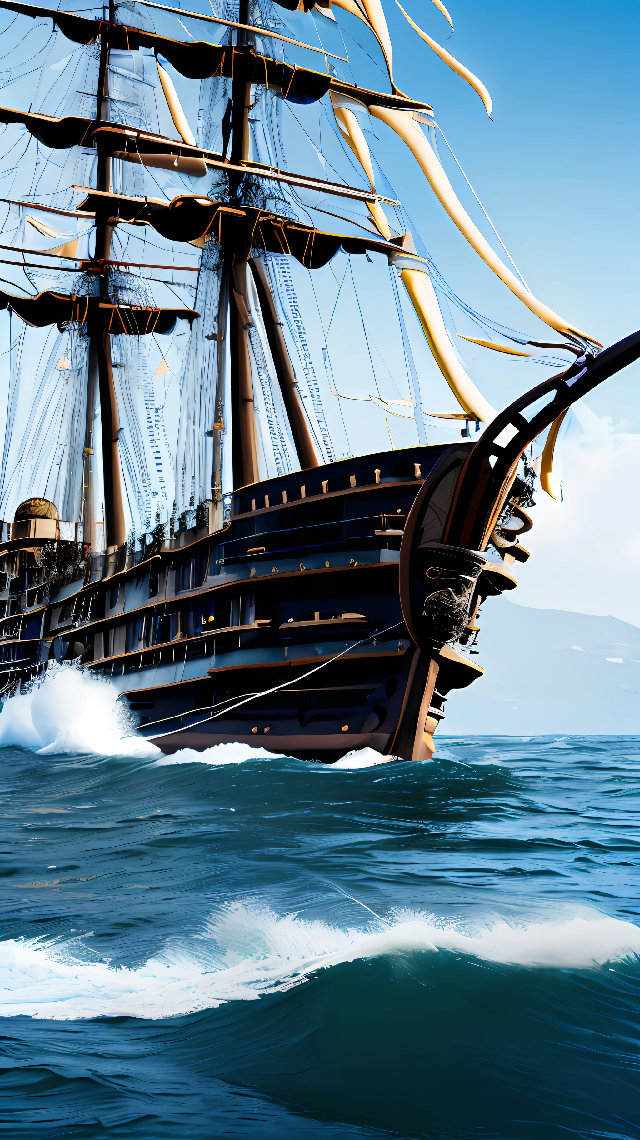 (high quality),Lana del rey, ((wearing pirate captain costume, detailed clothes, highly enchanted)), ((standing on a pirate galleon ship, dynamic pose, sailing across the ocean)), ((big galleon ship background)), ((very low exposure, high resolution, low saturation, best rendering colours, chromatic colours)), ((dynamic photo, fantasy, hyper realistic, blur motion, medium shot MS, rewarded photography, dynamic camera angle, hd, 8k))