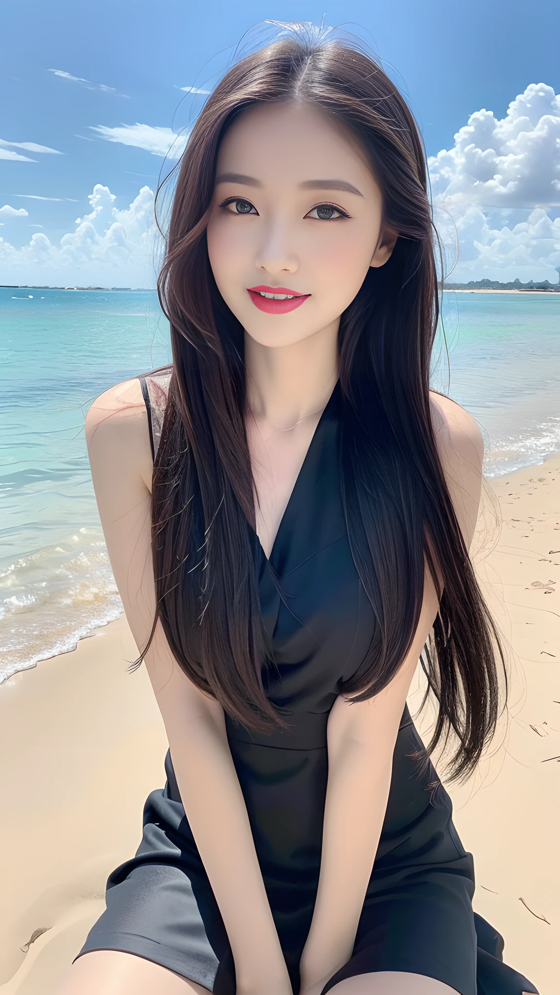 ((Best Quality, 8K, Masterpiece: 1.3)), A beautiful girl, pure, melon face, gentle and cute, thin figure, (frontal), (tilted head), looking directly at the camera, collared dress, grey dress, layered dress, long dress, black silky long straight hair, long hair flowing over the shoulders, round black big eyes, clear big eyes, moist red lips, sweet smile, sitting, hands on knees, blue sky and white clouds, sunshine, beach background ，