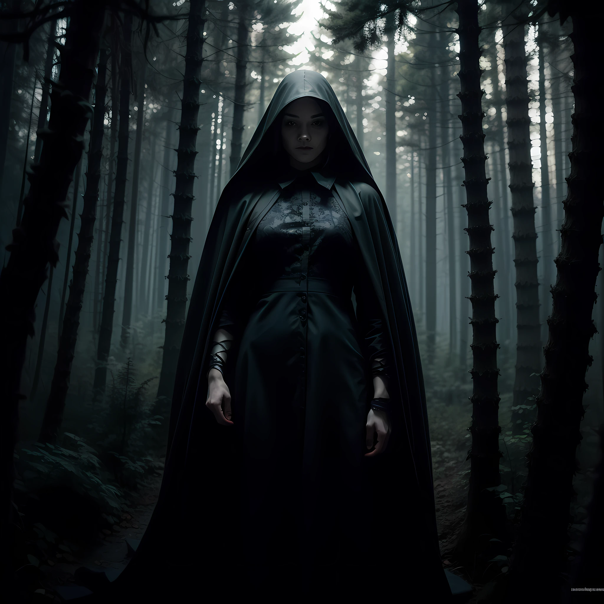 (macabre forest), master art, superior quality, high resolution, many details, dramatic contrasts, sinister darkness, depth, frightening lighting, mysterious shadows, complex textures, dark figures, misty environment, creepy camouflaged creatures, dark elements, dynamic perspective, veil, dense forest