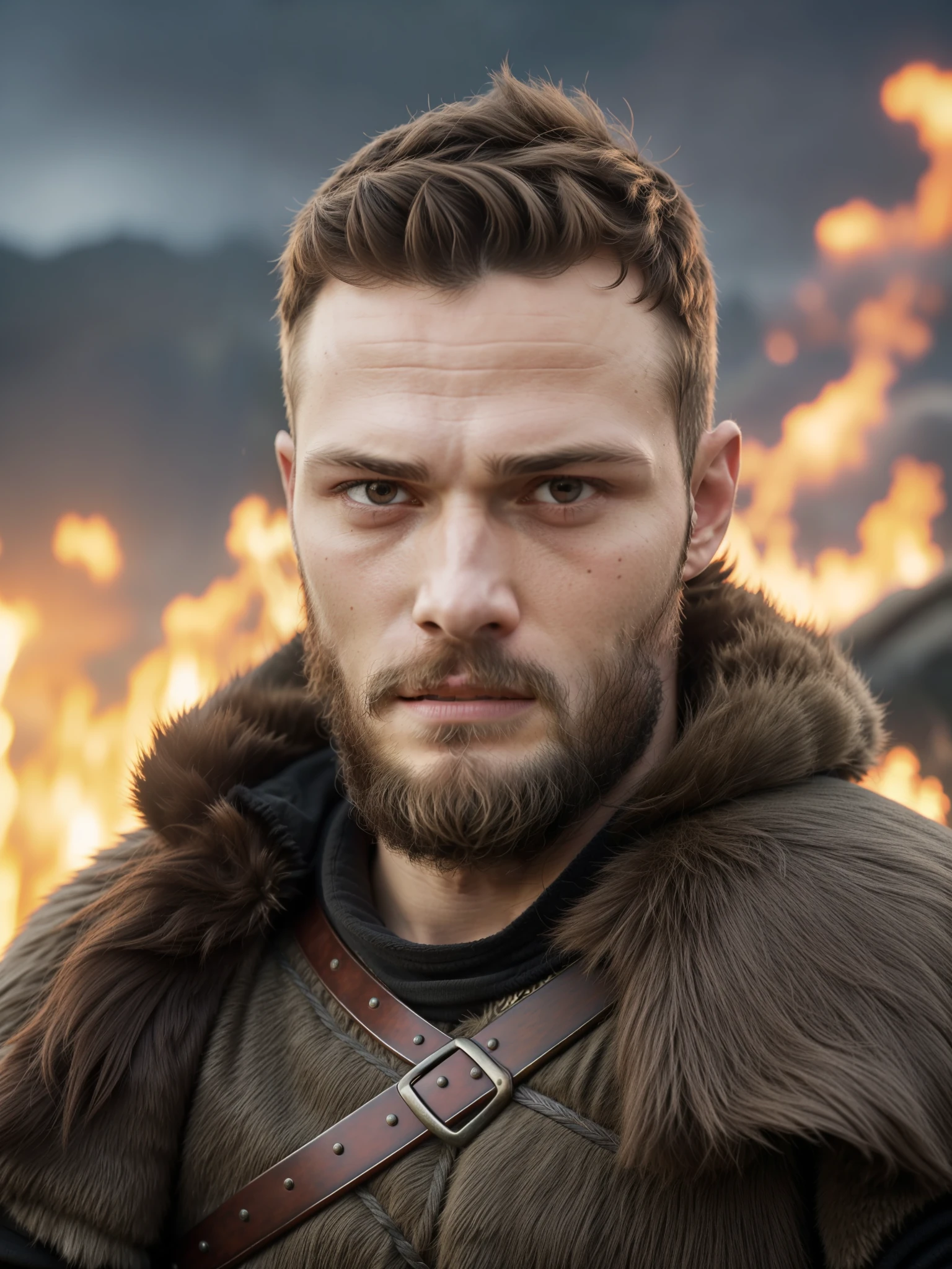 Create a Viking warrior, Jamie Dornan, very handsome and attractive, strong and muscular, short dark hair, tan, dark beard, 8k resolution, best quality, similar to actor Jamie Dornan, standing in front of a burning village, in front of an army of war-forming Vikings, cliffs, closeup, attack pose and attitude.