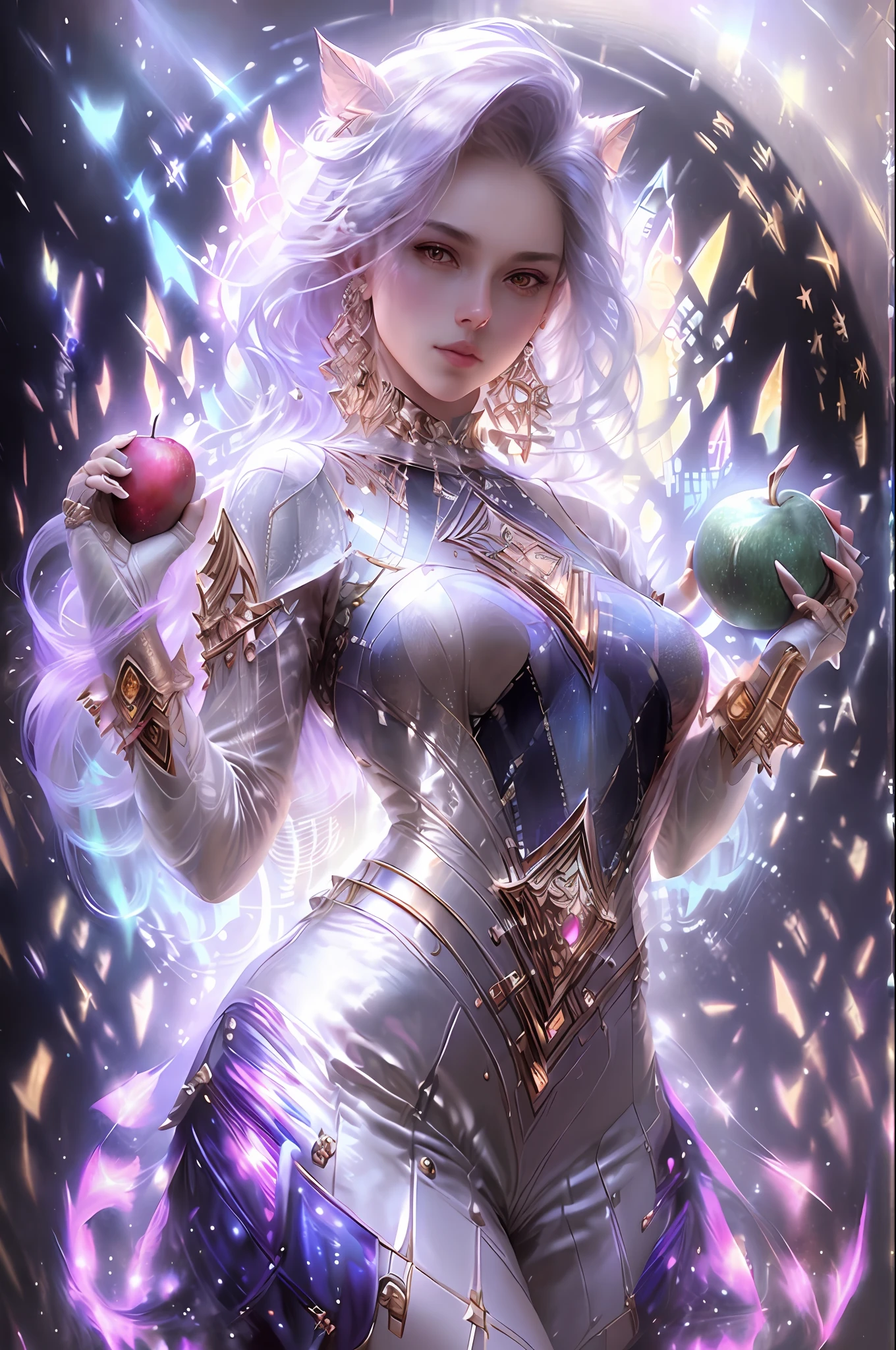 Beautiful Latina woman, full body, looking at the viewer, symmetrical, eyes closed, slight smile, intricate details,
cosmic environment, ethereal, mystical, intricate, brush strokes, luminous lights,
Greg Rutkowski ((holding an apple in the right hand)) and ((holding an itchy golden ball in the left hand)), Rades, Pebble, Makoto Shinkai, Louis van Parly, Ilya Kuvchinov, Rostros, Tom Bagshaw, Alphonse Mucha,
Ultra-high-definition masterpiece