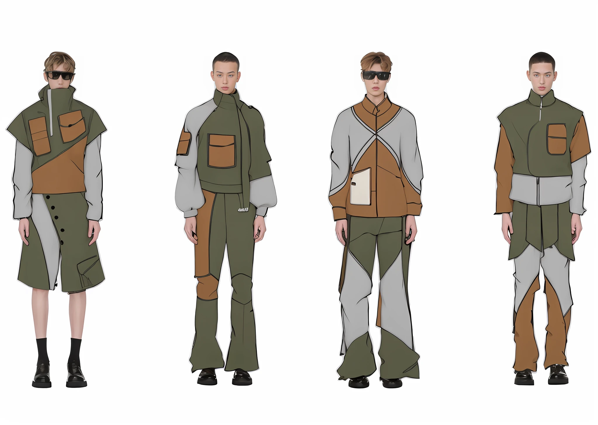 Chinese Man Different Clothing, Costume Design, Clothing Concept, Cypherpunk Fashion Illustration, Outdoor Clothing, Inspired by Solomon Van Abbe, Inspired by Matija Jama, Speculative Fashion, Costume Design, Clothes from the Future, Costume Design, Inspired by Harrington Mann Colors in vintage style