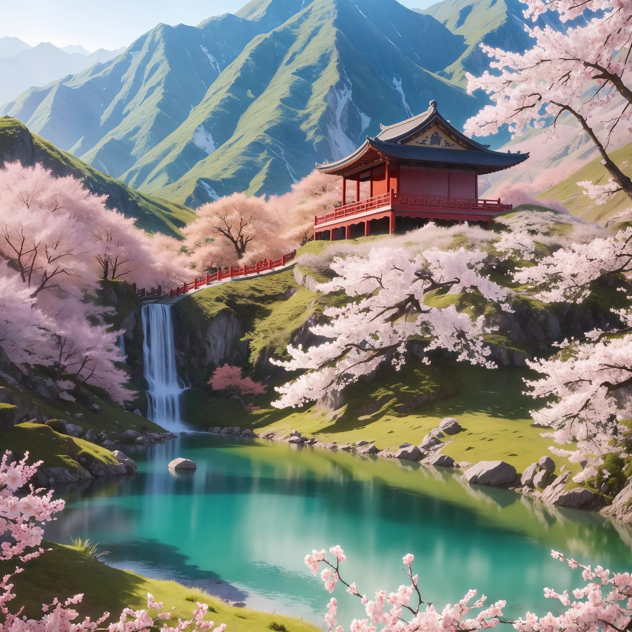 A beautiful Chinese mountain and lake, (masterpiece) with cherry blossoms (portrait), (original photo), (very detailed CG unified 8k wallpaper) intricate, clear focus, dramatic, realistic art --auto --s2