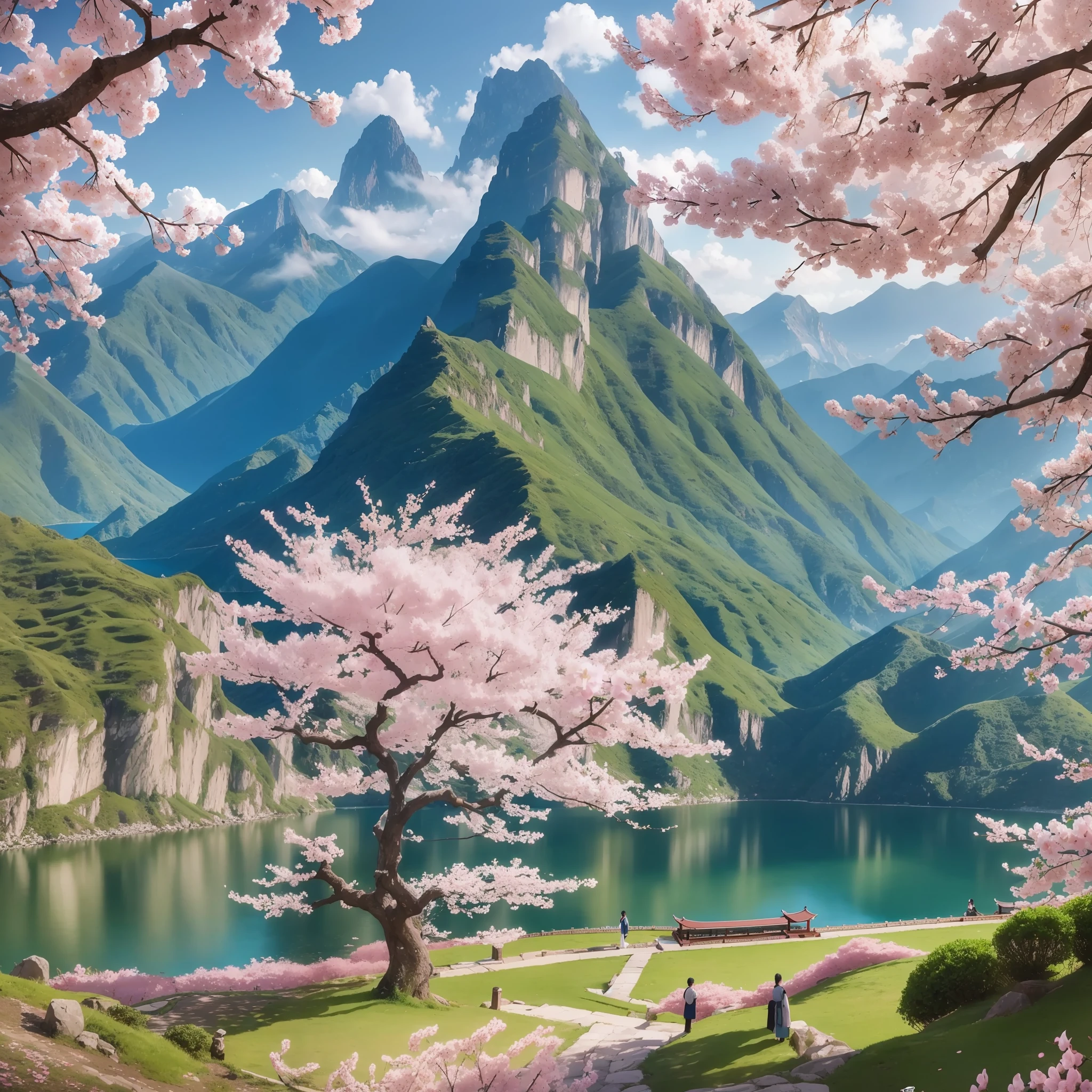 A beautiful Chinese mountain and lake, (masterpiece) with cherry blossoms (portrait), (original photo), (very detailed CG unified 8k wallpaper) intricate, clear focus, dramatic, realistic art --auto --s2