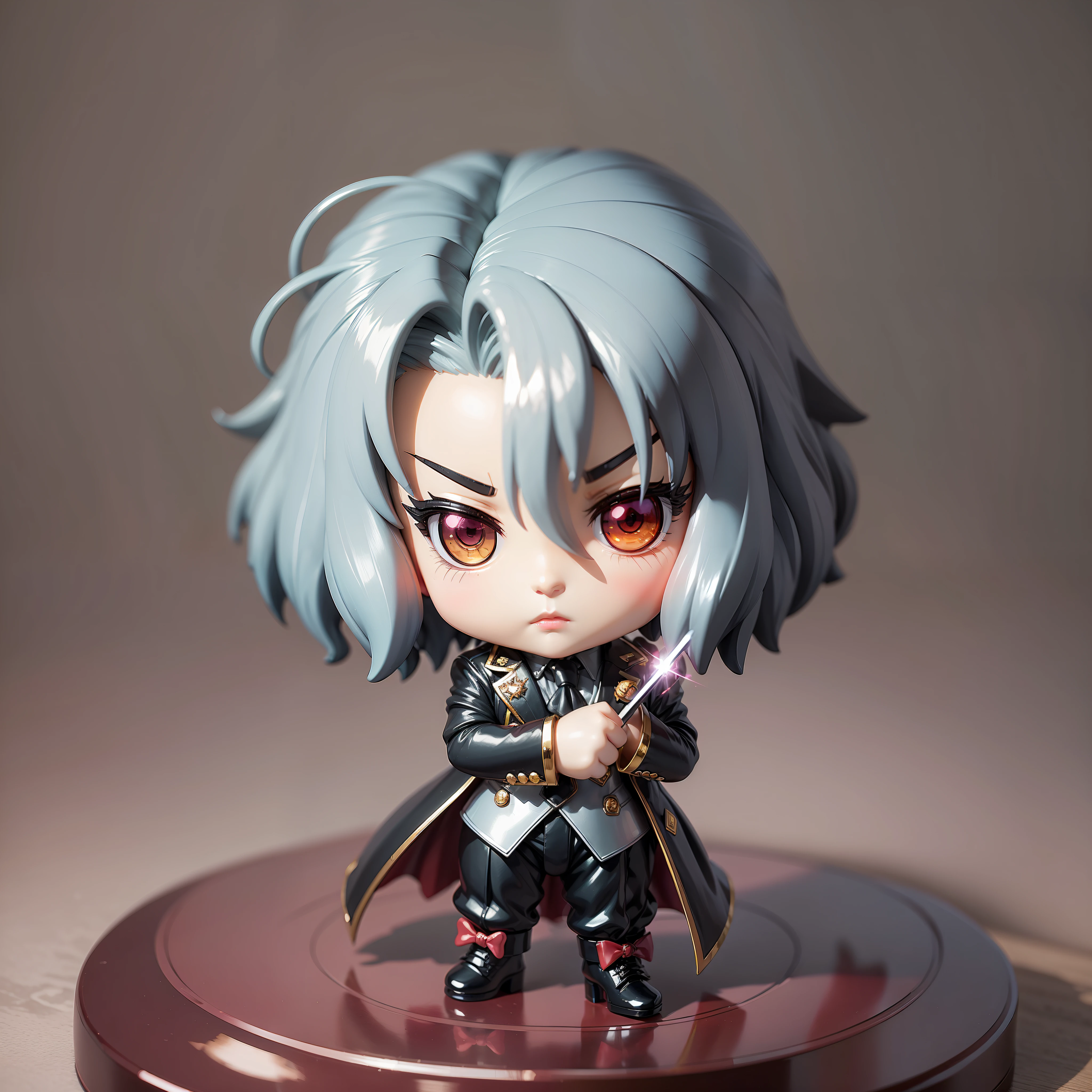 ultra cute chibi (((figurine))) of a Alucard in a classic Armani suit made from glimmering porcelain, standing on table --auto --s2