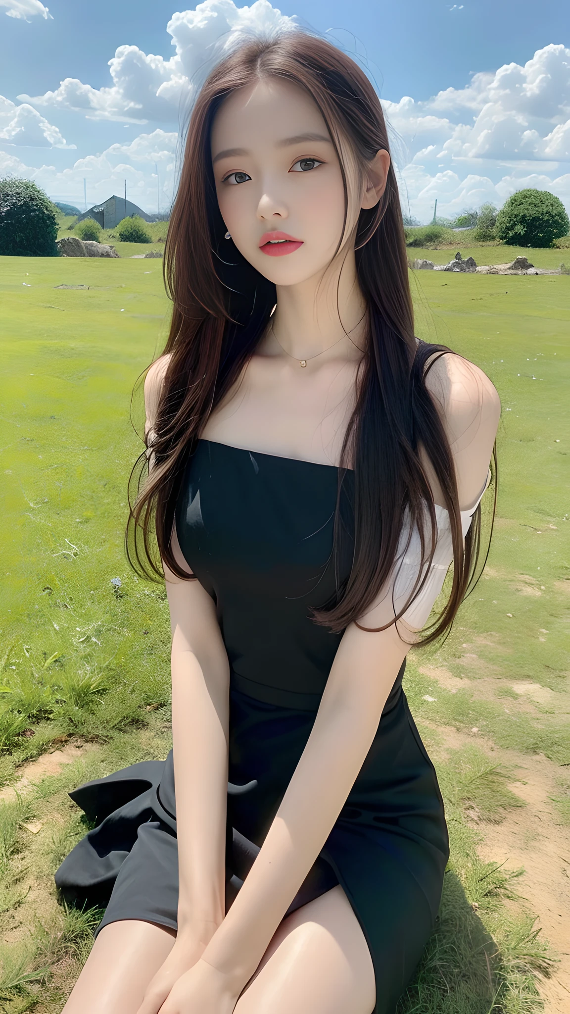 ((Best Quality, 8K, Masterpiece: 1.3)), A beautiful girl, pure, melon face, gentle and cute, thin figure, facing right, head to right, lips closed, upper body leaning forward, collared dress, grey dress, layered dress, long dress, black silky long hair, round black big eyes, clear big eyes, moist red lips, sweet, sitting, blue sky and white clouds, sunlight, grassland background,