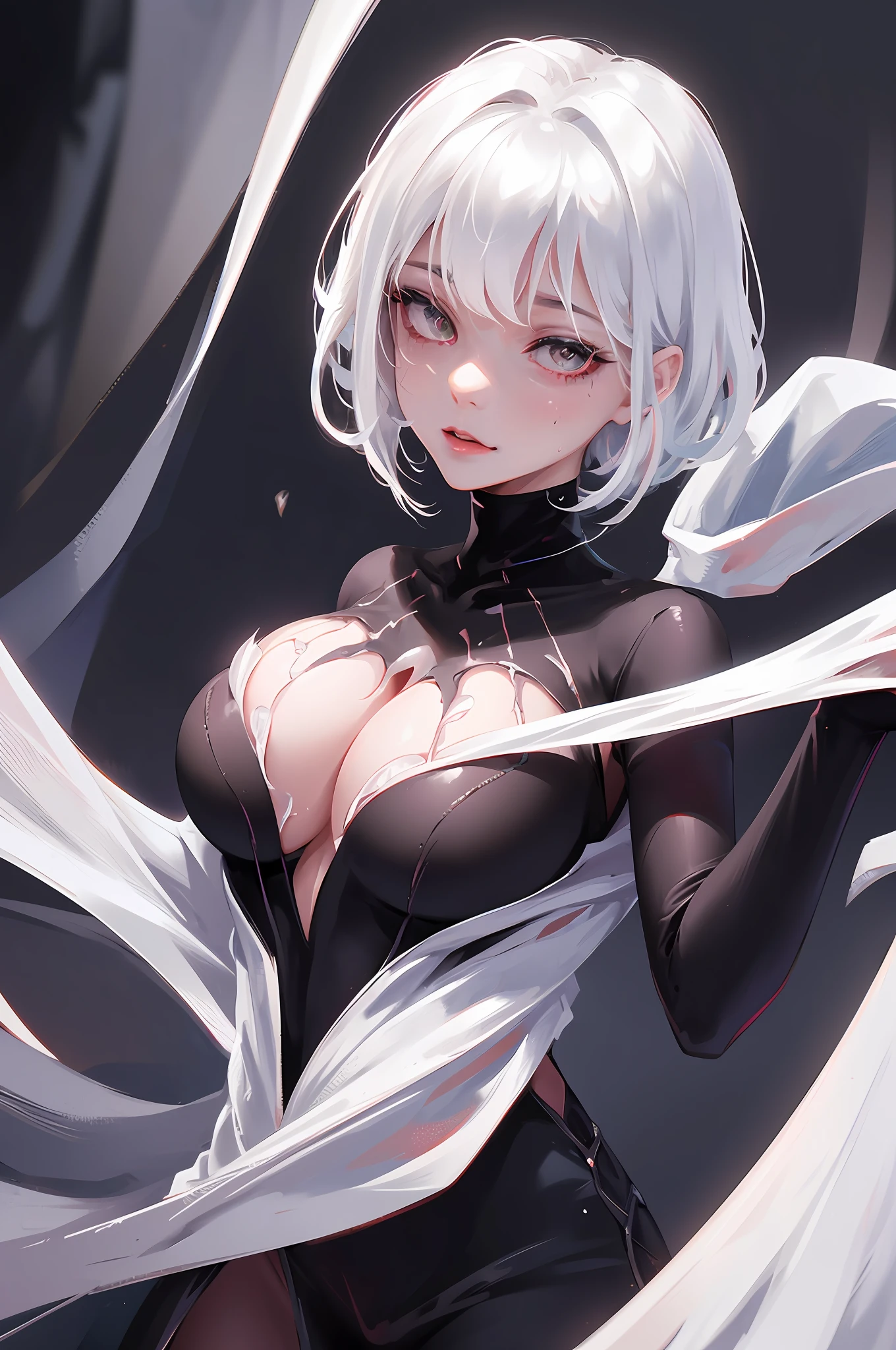 Ghost Spider, Gwen Venom symbiote outfit, black with spider in the center of her chest in white, organic looking outfit, gooey forehead, symbiote, white eyes, fine art, PS5 cinematic screenshot, highly detailed detailed cinematic rendering, ultra photorealistic raytricing, with cinematic lighting